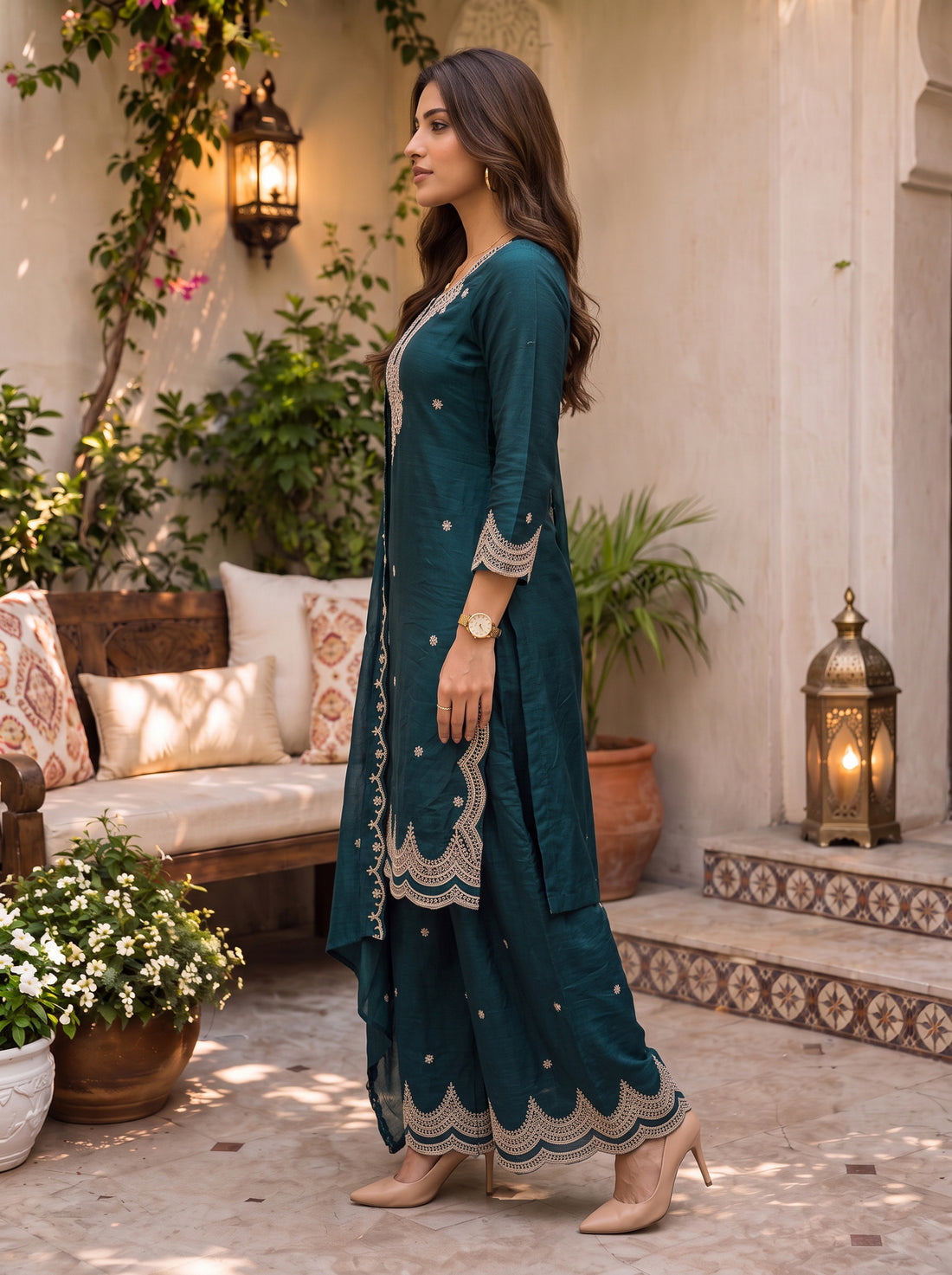 Buy Viscose Embroidered Straight Knee Length Kurta With Pant and Dupatta-Green