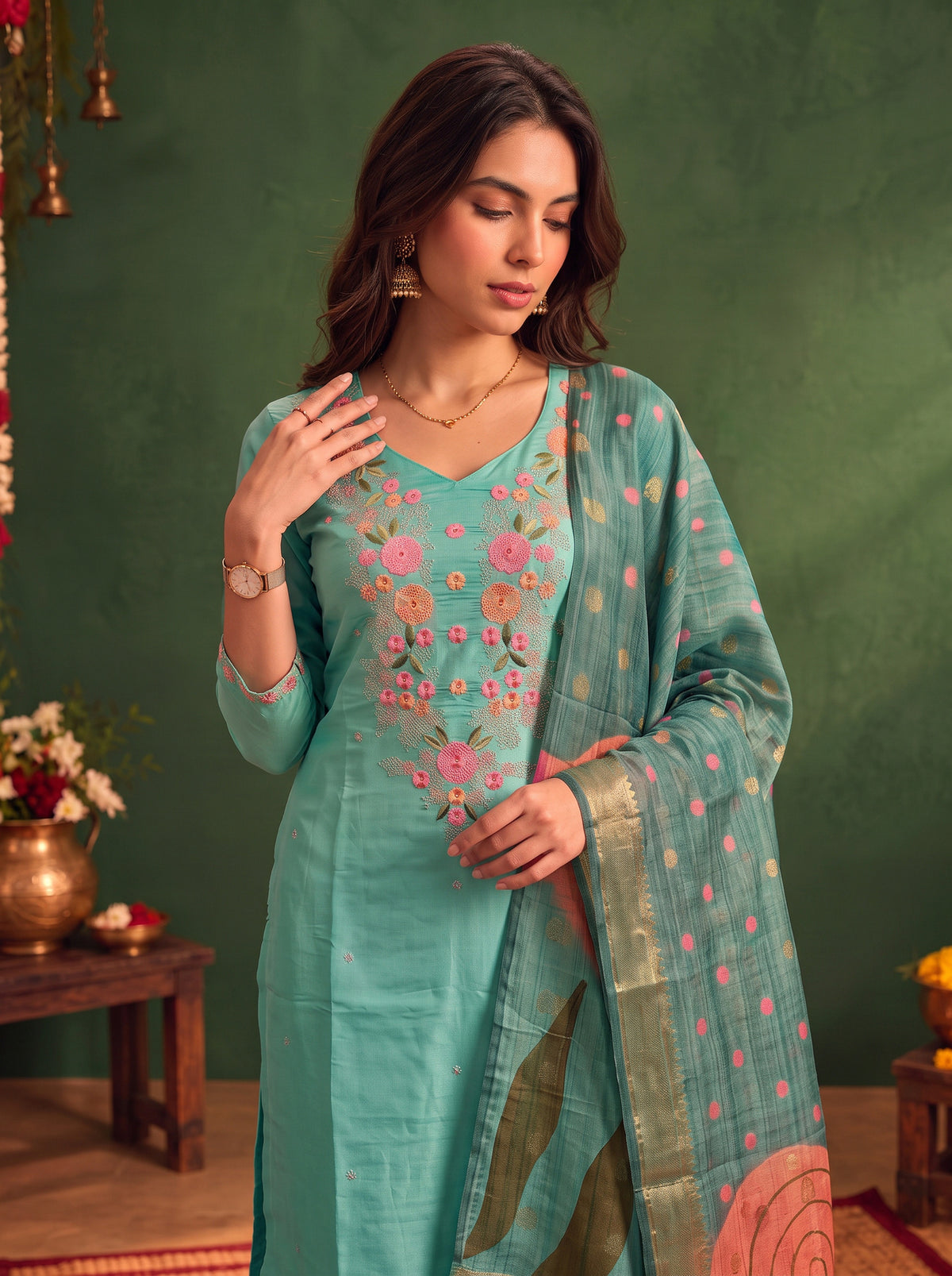 Viscose Embroidered Straight Calf Length Kurta With Pant and Dupatta