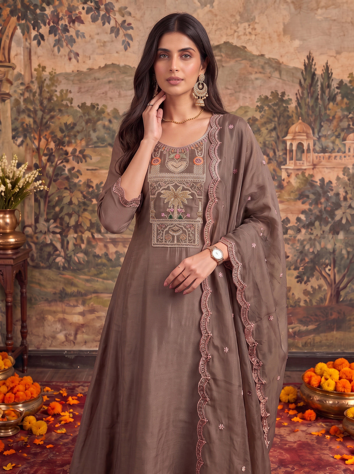 Chanderi Embroidered Flared Calf Length Kurta With Pant and Dupatta
