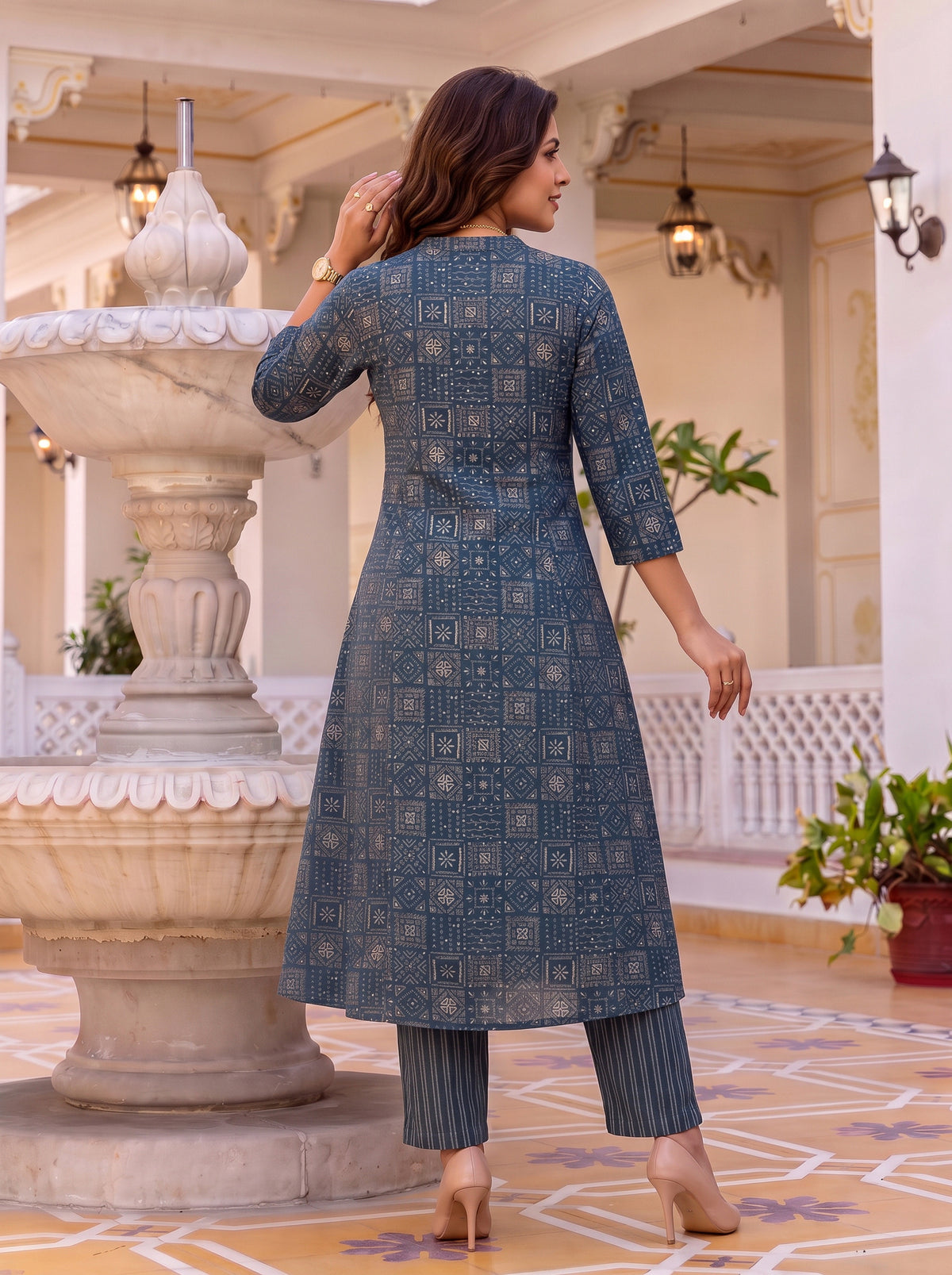 Viscose Printed A-Line Calf Length Kurta With Pant
