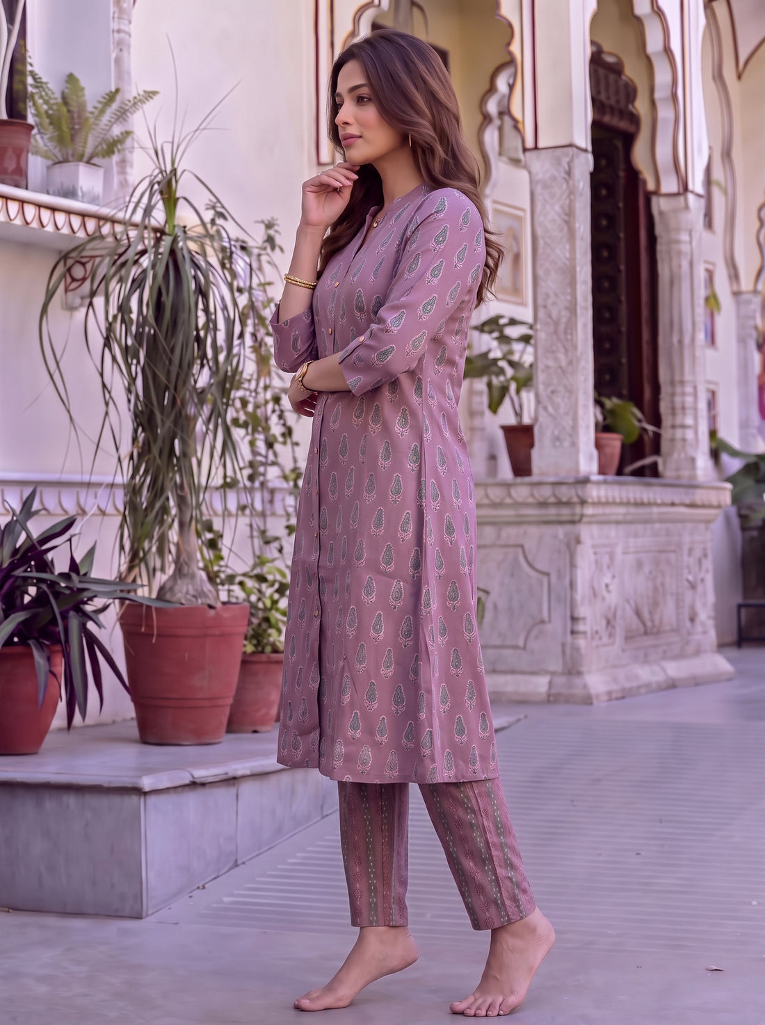 Buy Viscose Printed A-Line Calf Length Kurta With Pant-Purple