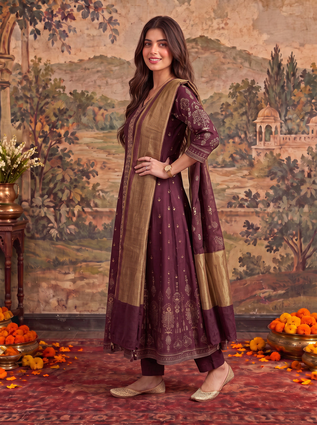 Buy Viscose Embroidered Flared Calf Length Kurta With Pant and Dupatta-Maroon