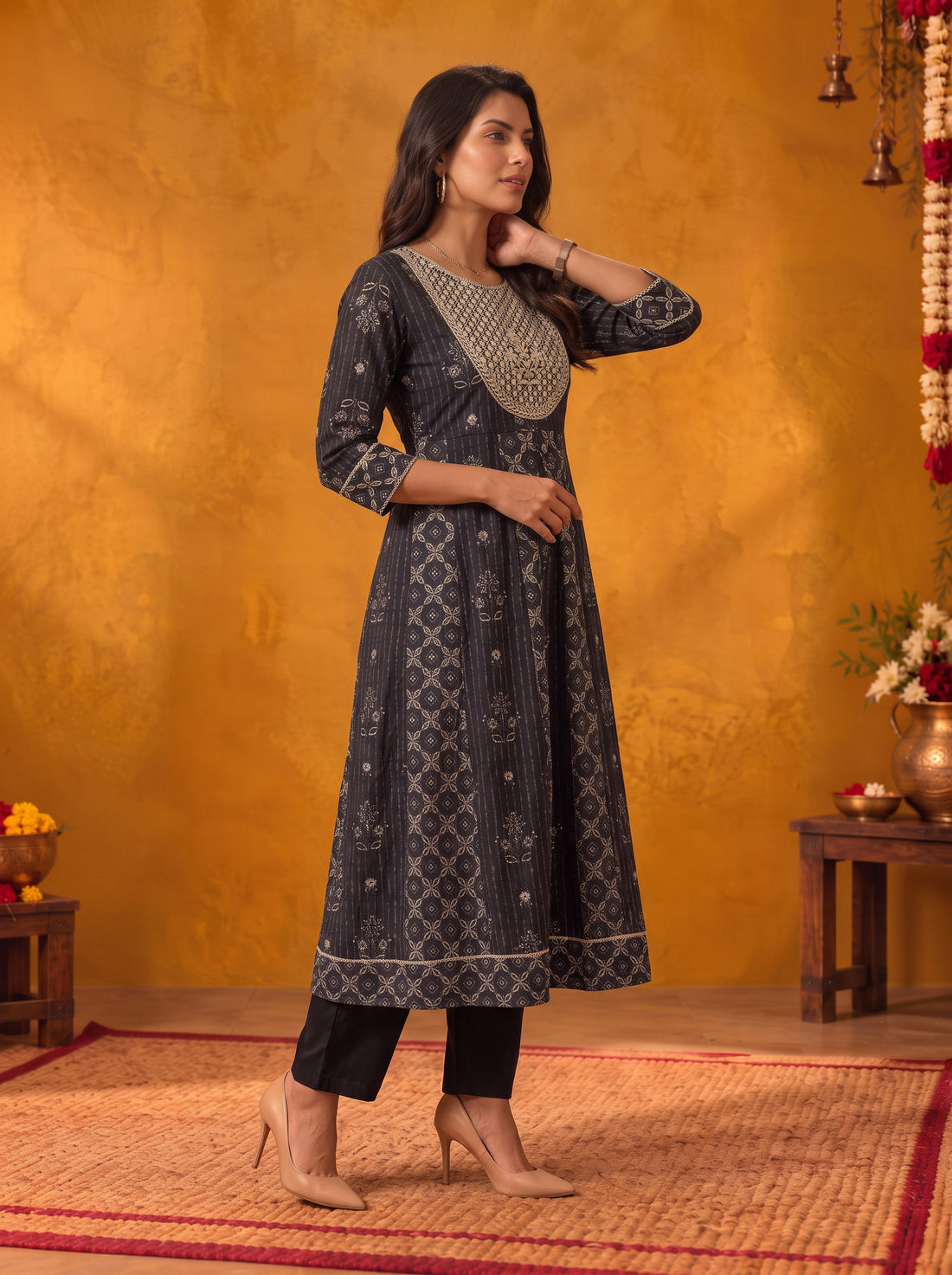 Buy Cotton Embroidered Flared Calf Length Kurta With Pant and Dupatta-Black