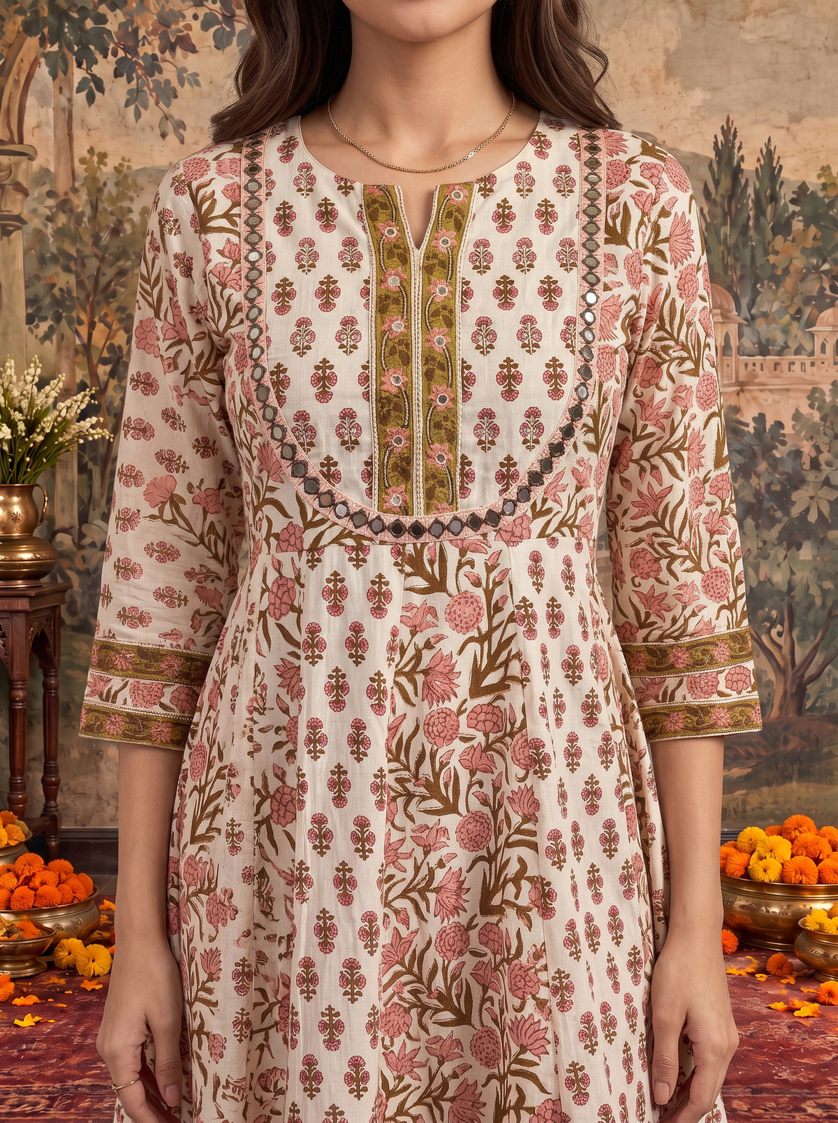 Cotton Printed Flared Calf Length Kurta With Pant and Dupatta