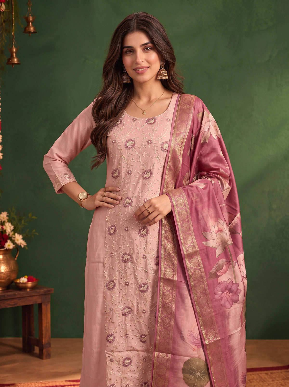 Viscose Embroidered Flared Calf Length Kurta With Pant and Dupatta