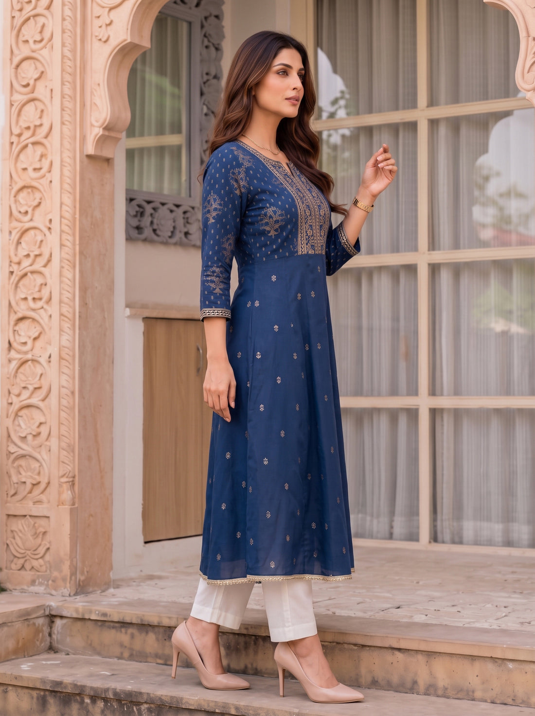 Buy Rayon Embroidered Flared Calf Length Kurta-Teal