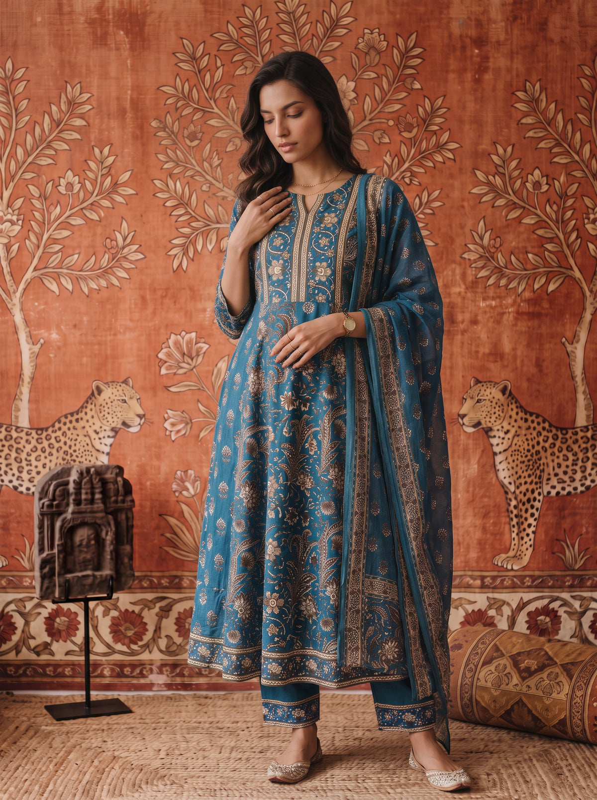 Cotton Printed Flared Calf Length Kurta With Pant and Dupatta