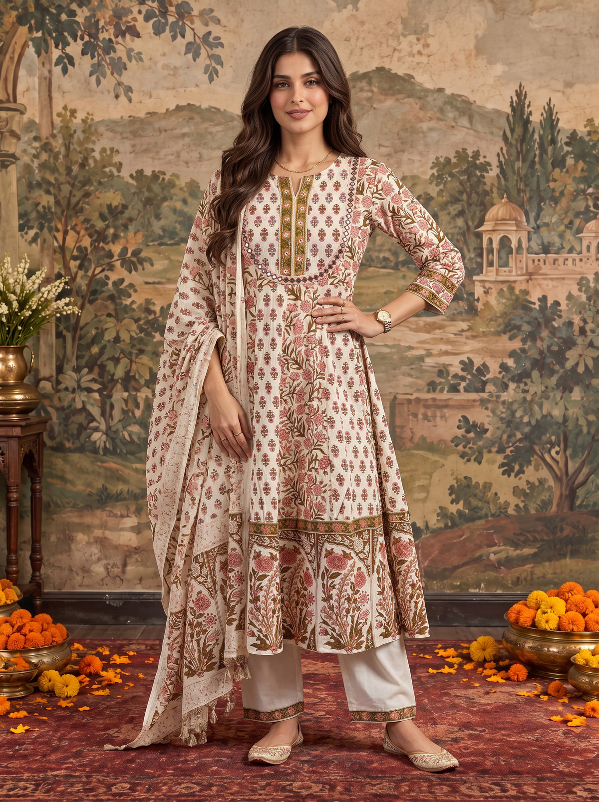 Cotton Printed Flared Calf Length Kurta With Pant and Dupatta