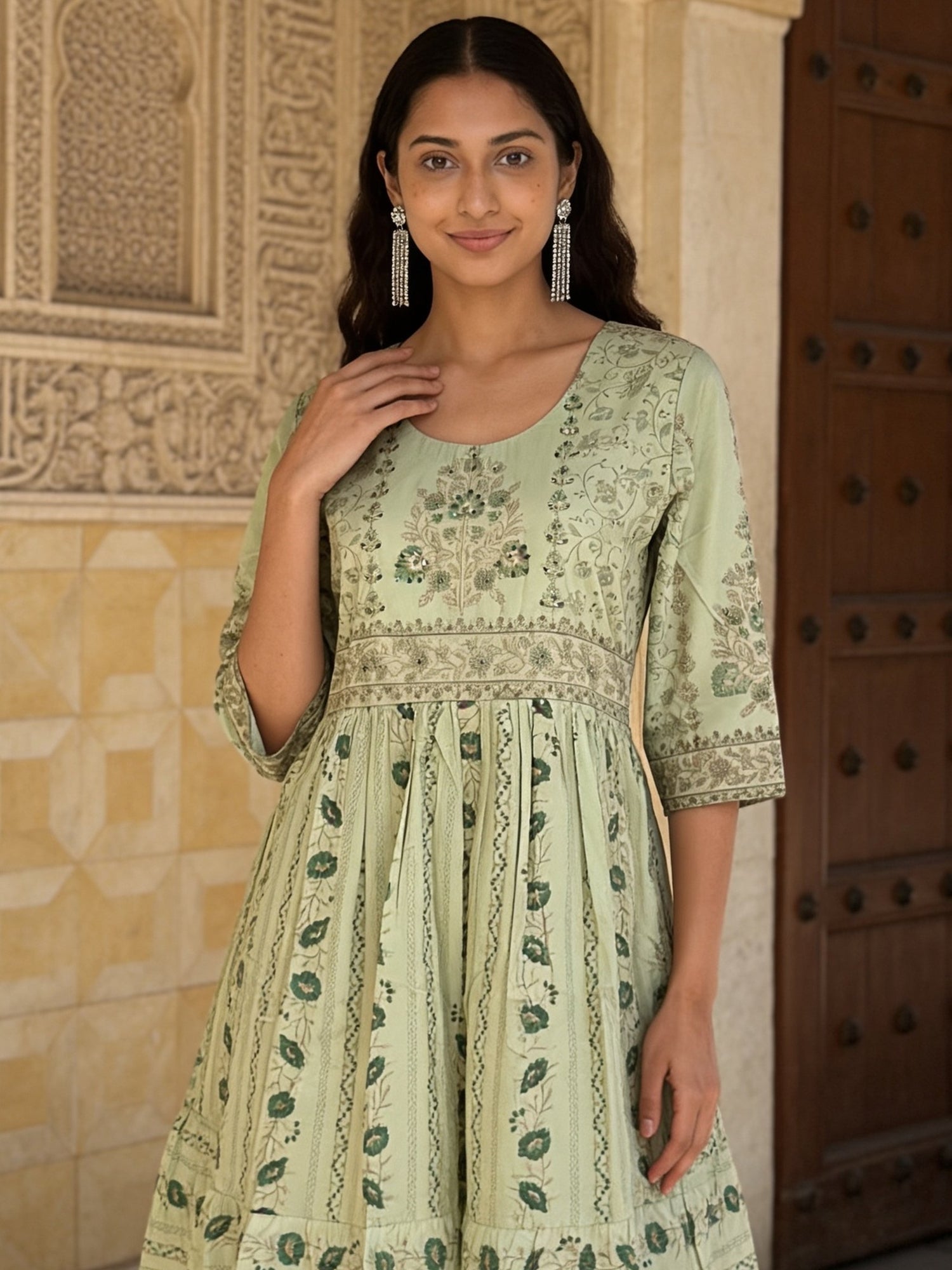 Cotton Embroidered Flared Calf Length Kurta