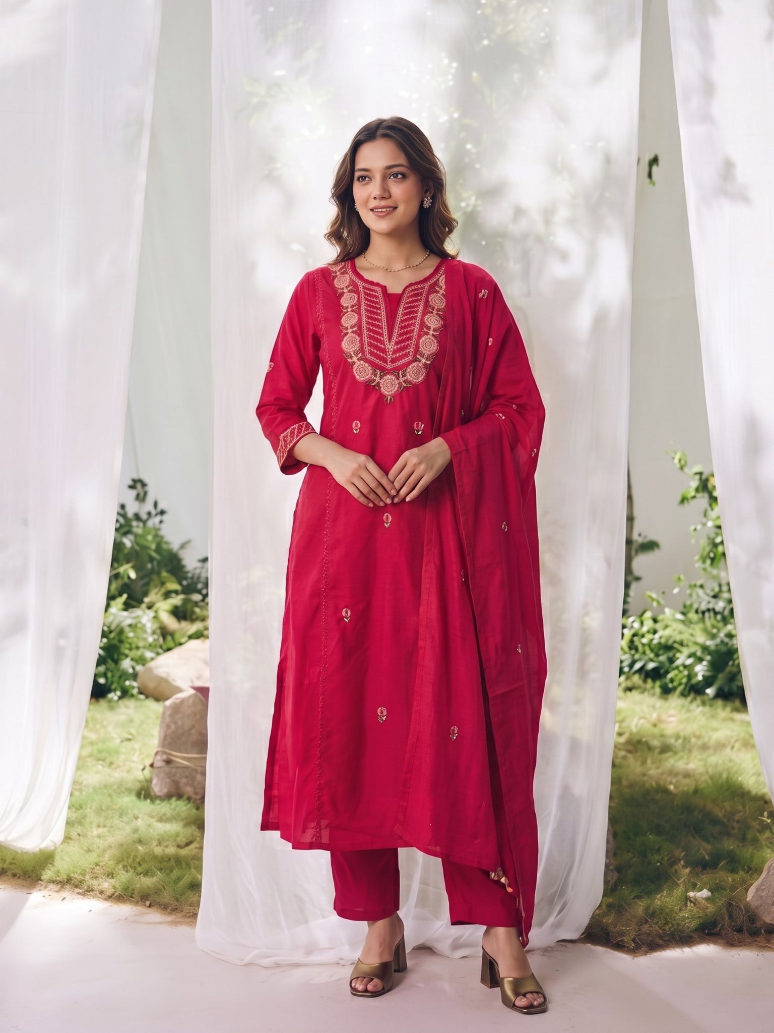 Cotton Embroidered A-Line Calf Length Kurta With Pant