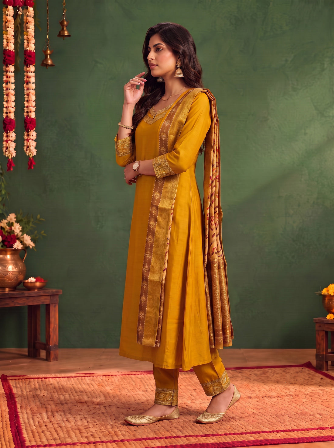 Buy Viscose Embroidered Flared Calf Length Kurta With Pant and Dupatta-Mustard