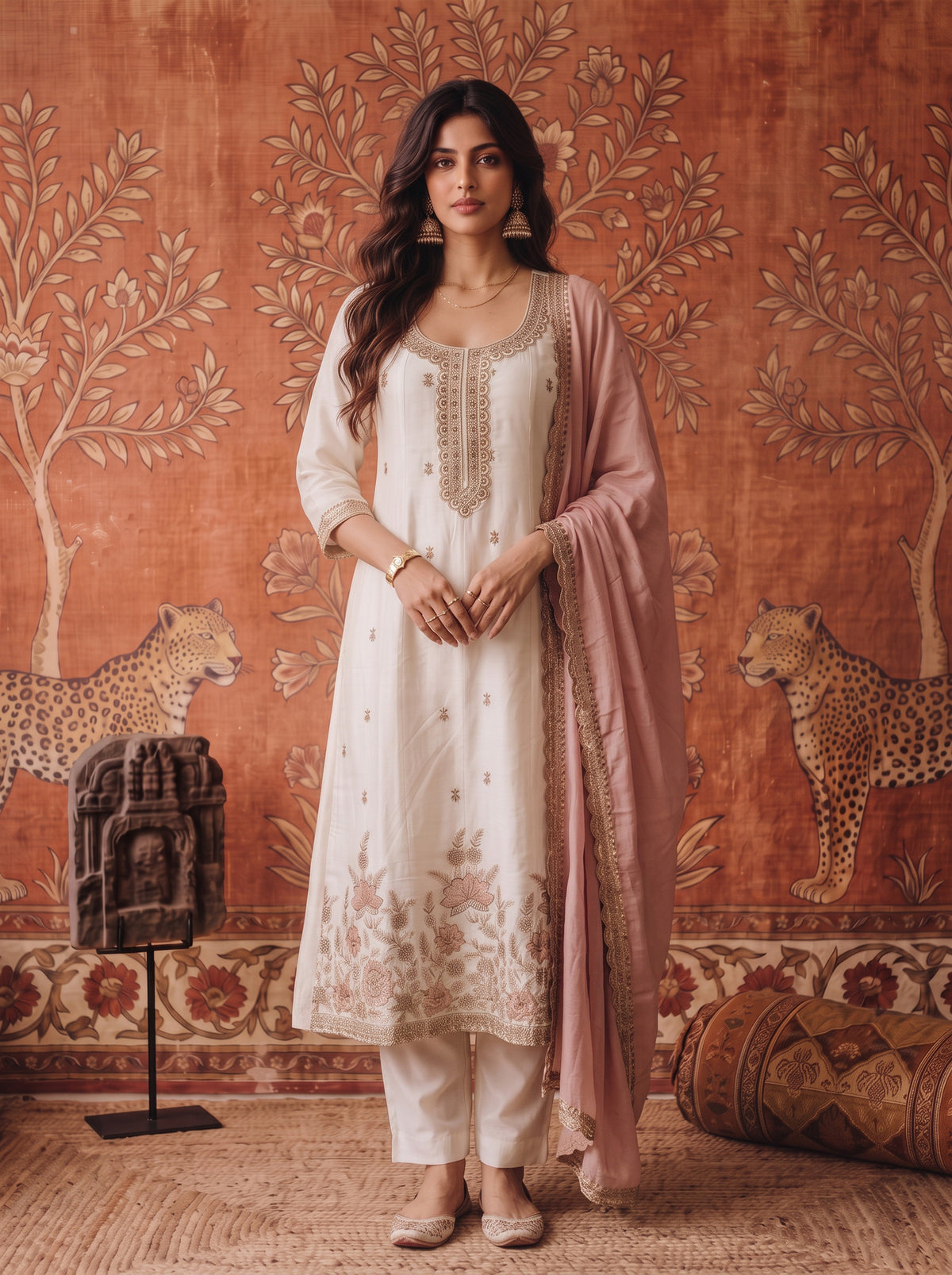 Viscose Embroidered Flared Calf Length Kurta With Pant and Dupatta