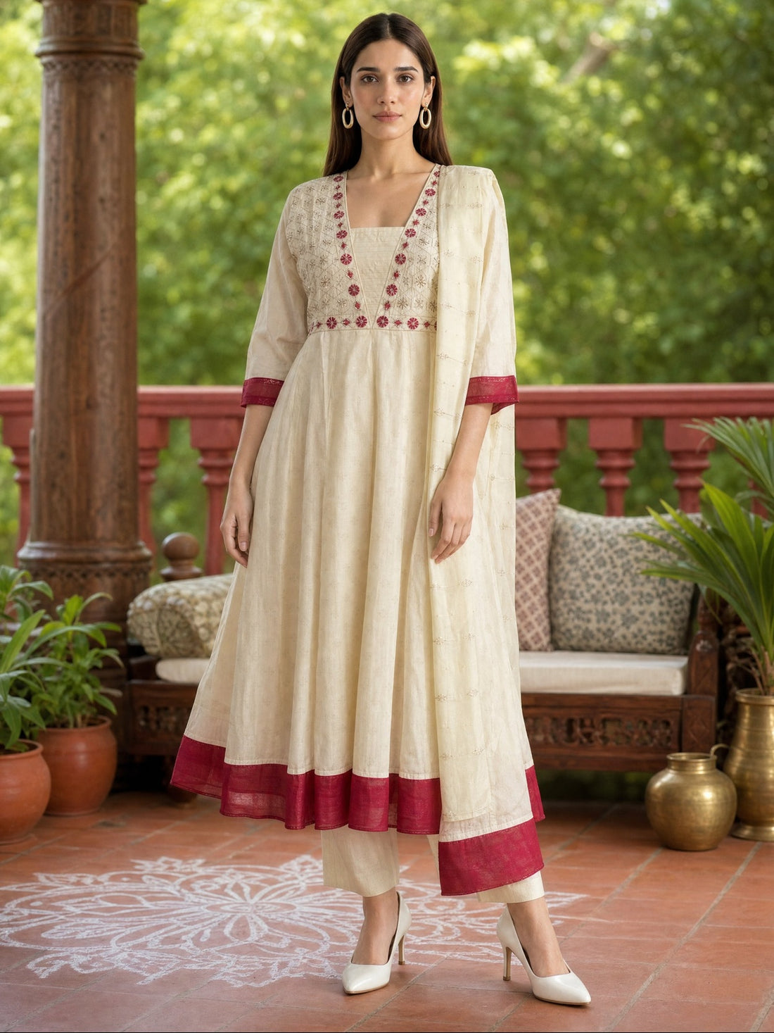Buy Viscose Embroidered Anarkali Calf Length Kurta With Pant and Dupatta-Cream