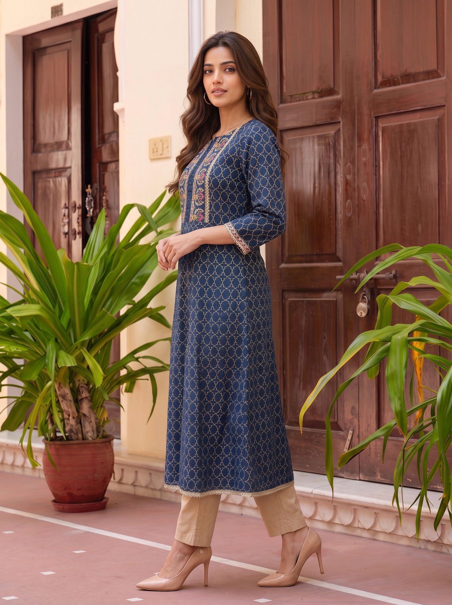 Viscose Embroidered Straight Calf Length Kurta