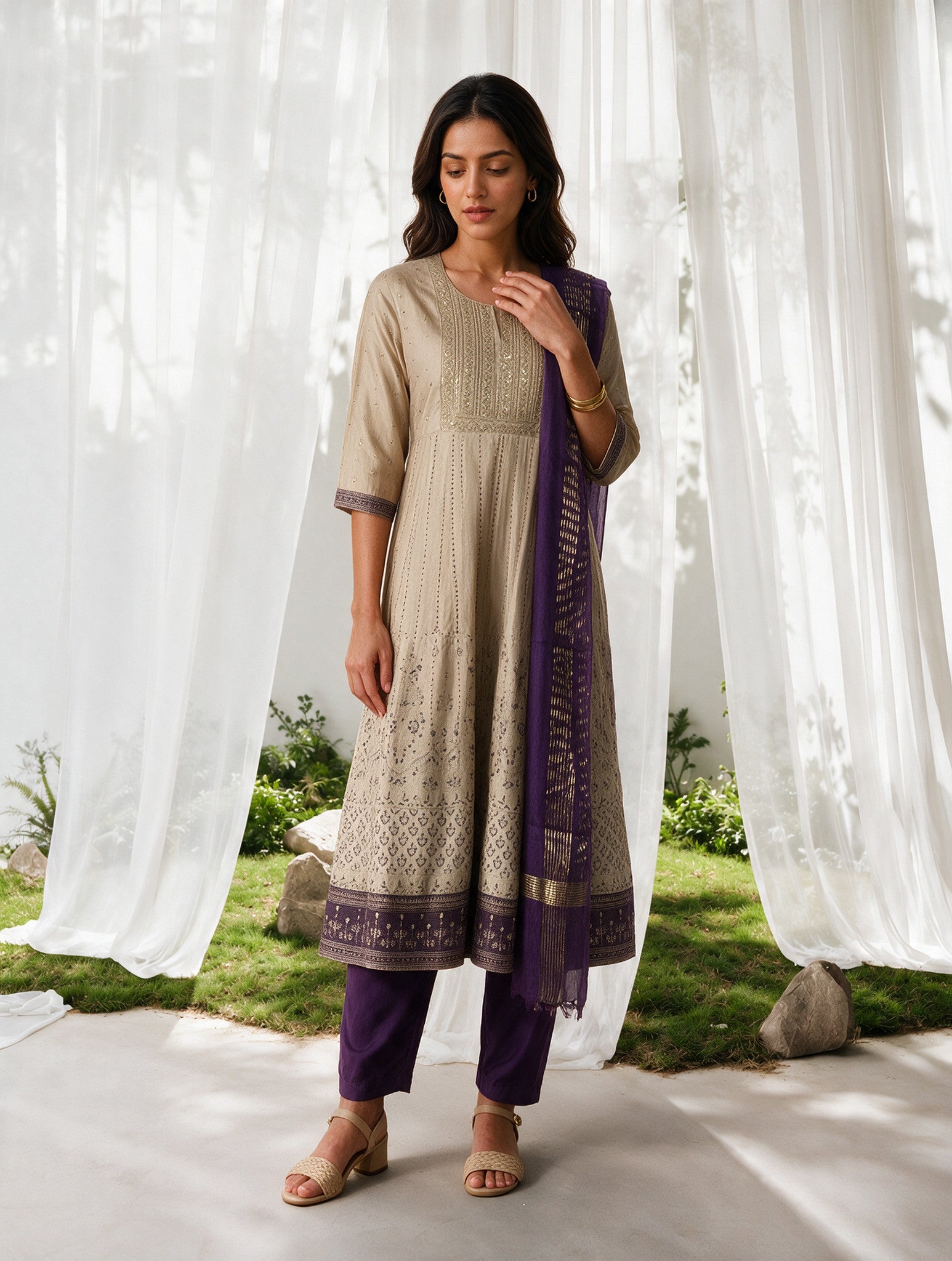 Viscose Embroidered Flared Calf Length Kurta With Pant and Dupatta