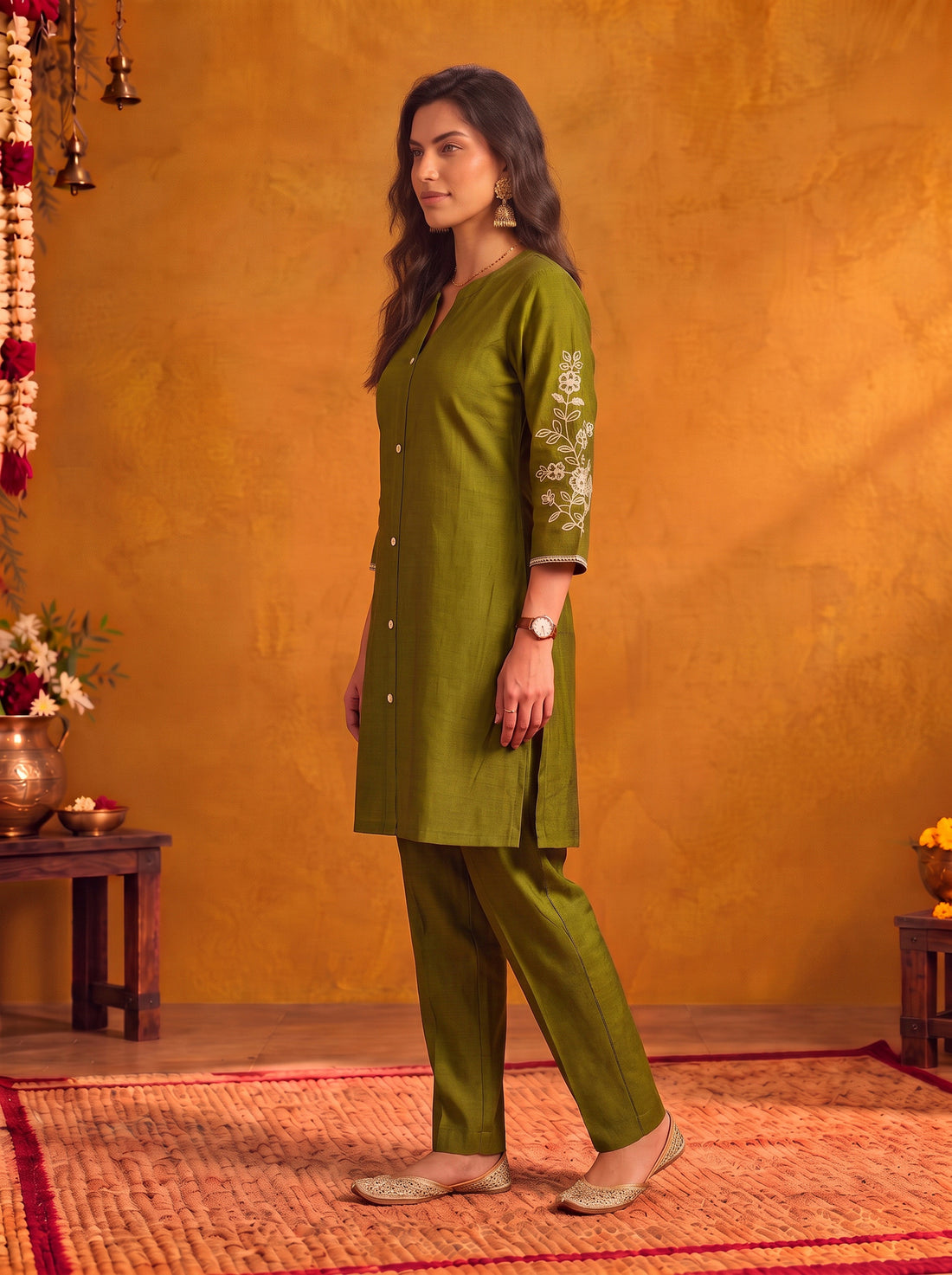 Buy Viscose Embroidered Straight Thigh Length Kurta With Pant-Olive Green