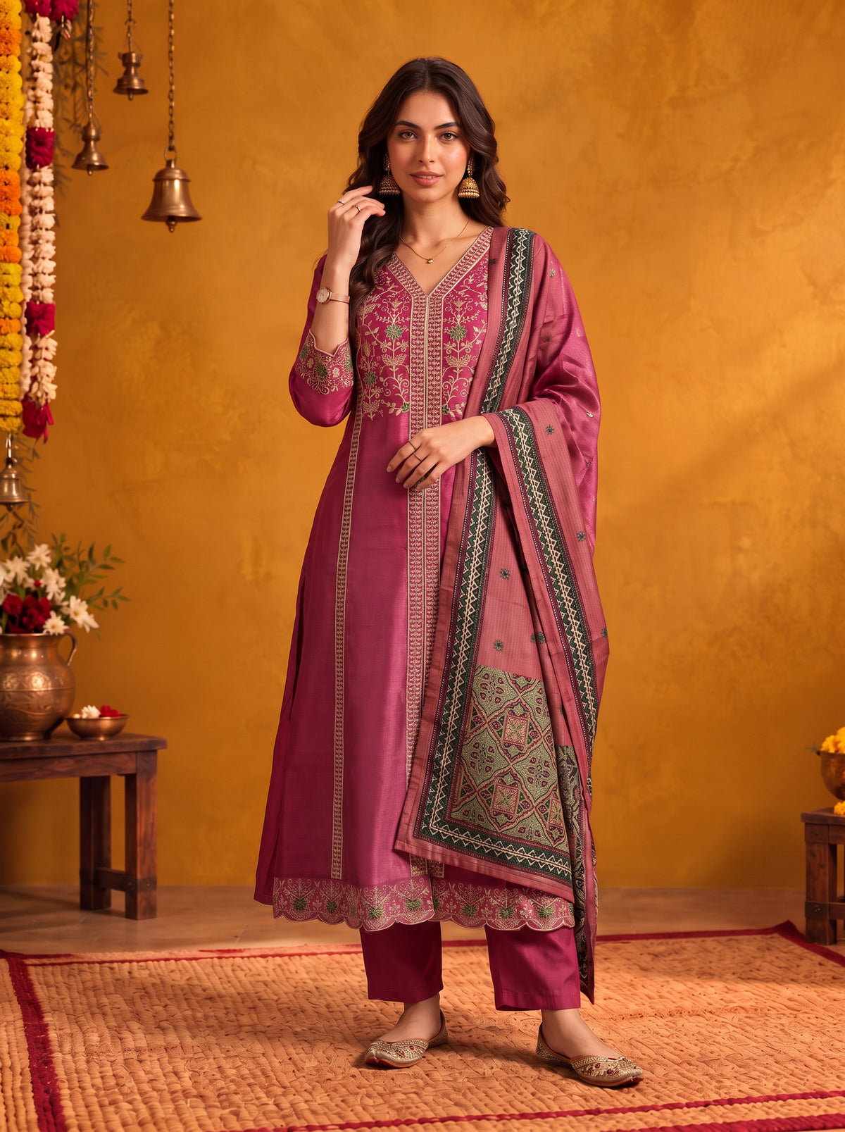 Viscose Embroidered Flared Calf Length Kurta With Pant and Dupatta