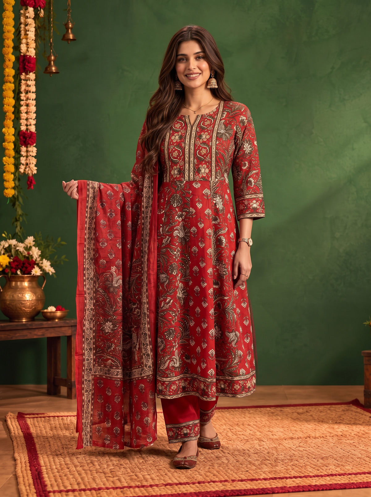 Cotton Printed Flared Calf Length Kurta With Pant and Dupatta