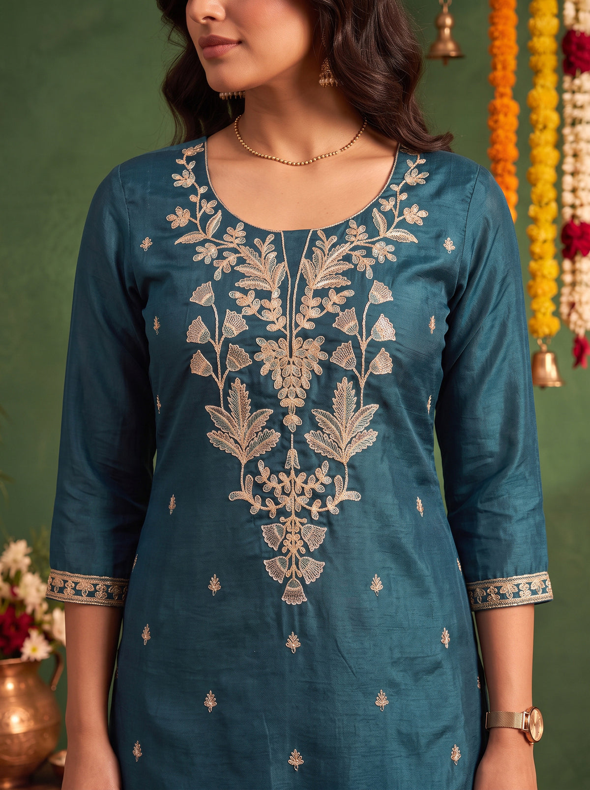 Viscose Embroidered Straight Thigh Length Kurta With Pant and Dupatta