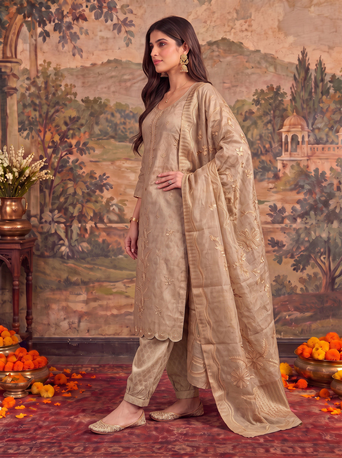 Buy Viscose Embroidered Straight Calf Length Kurta With Pant and Dupatta-Beige