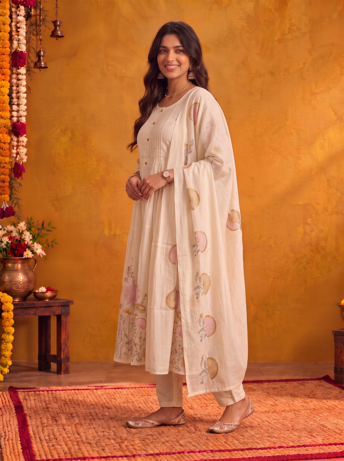Buy Viscose Embroidered Flared Calf Length Kurta With Pant and Dupatta-Off-White