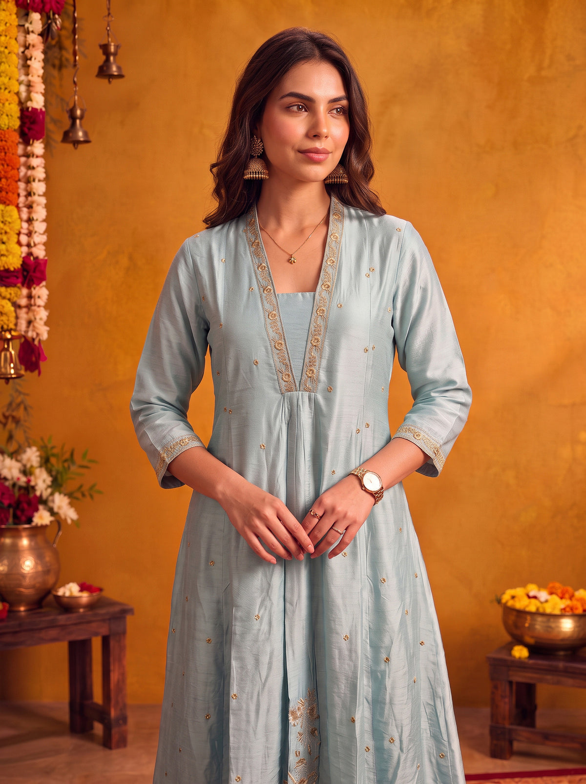 Viscose Embroidered Flared Calf Length Kurta