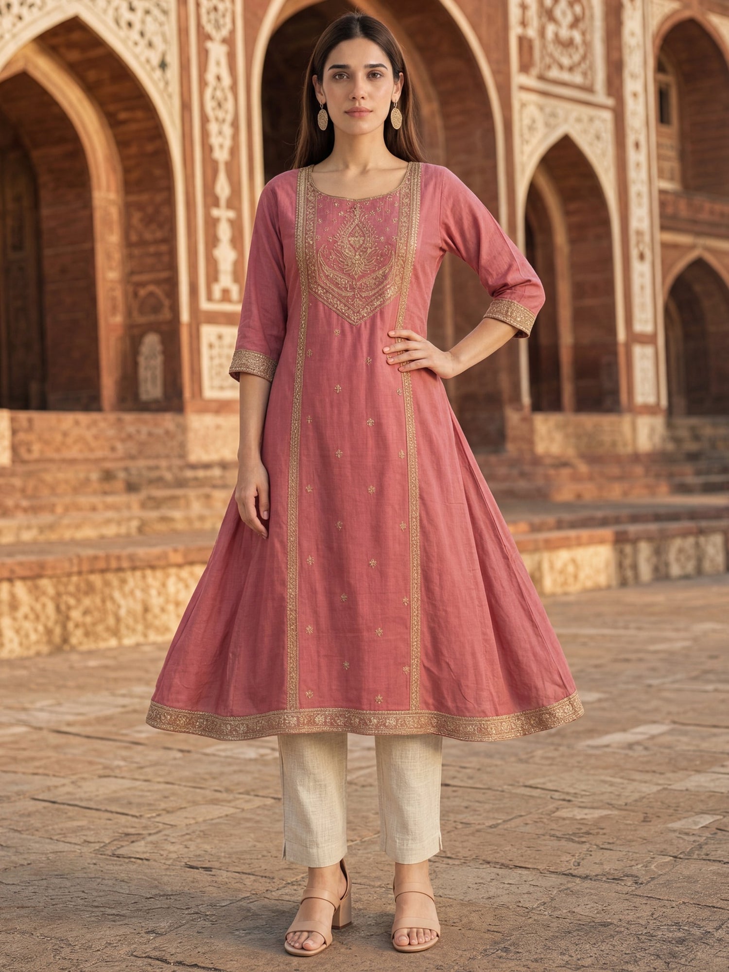 Rayon Embroidered Flared Calf Length Kurta