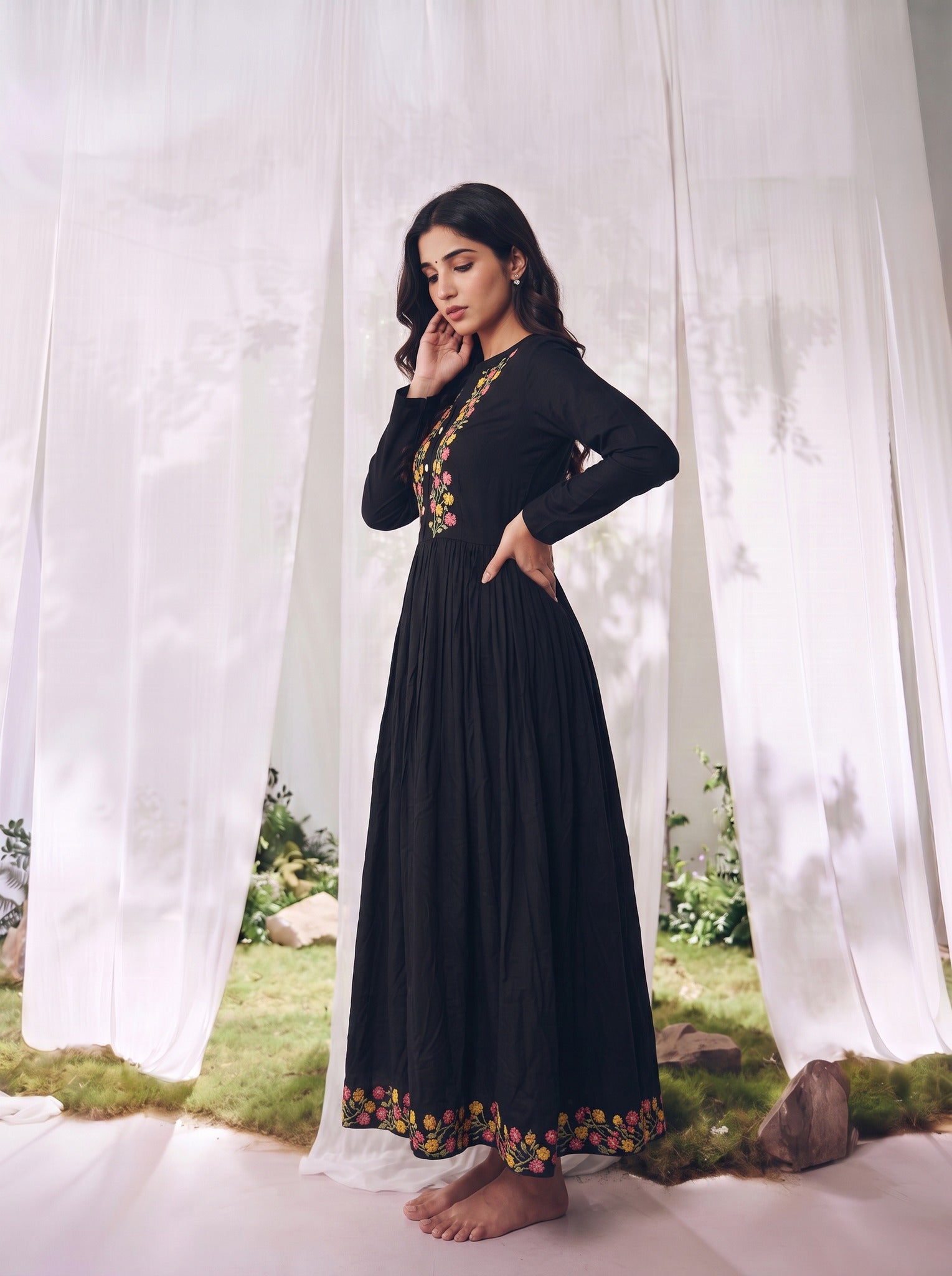 Rayon Embroidered Straight Calf Length Dress