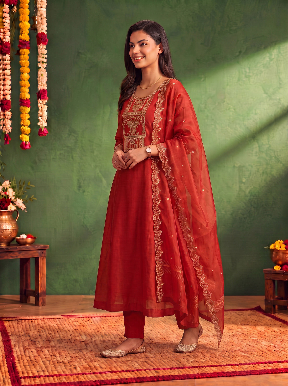 Chanderi Embroidered Flared Calf Length Kurta With Pant and Dupatta