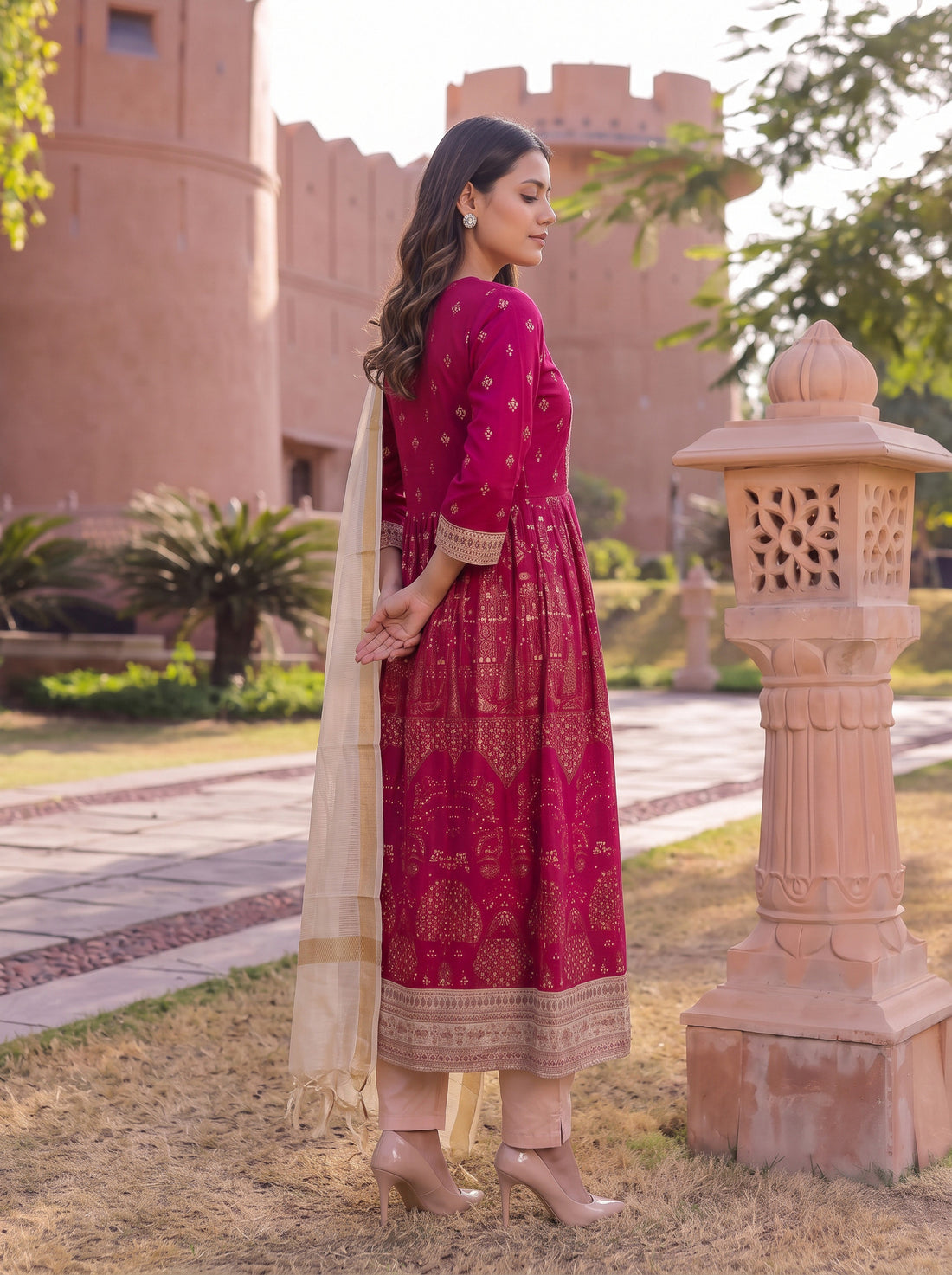 Buy Viscose Embroidered Straight Calf Length Kurta With Pant and Dupatta-Pink
