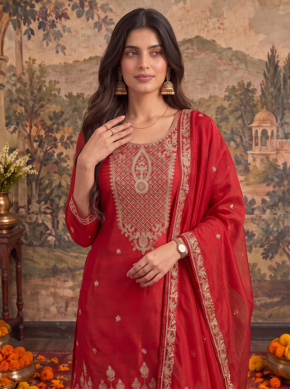 Viscose Embroidered Straight Thigh Length Kurta With Palazzo and Dupatta