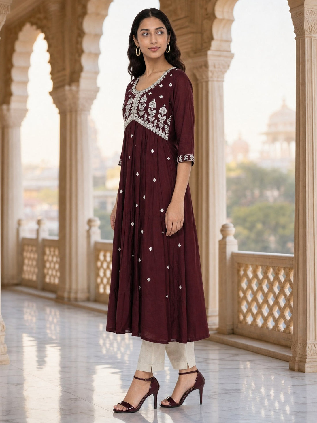Buy Viscose Embroidered Flared Calf Length Kurta-Maroon