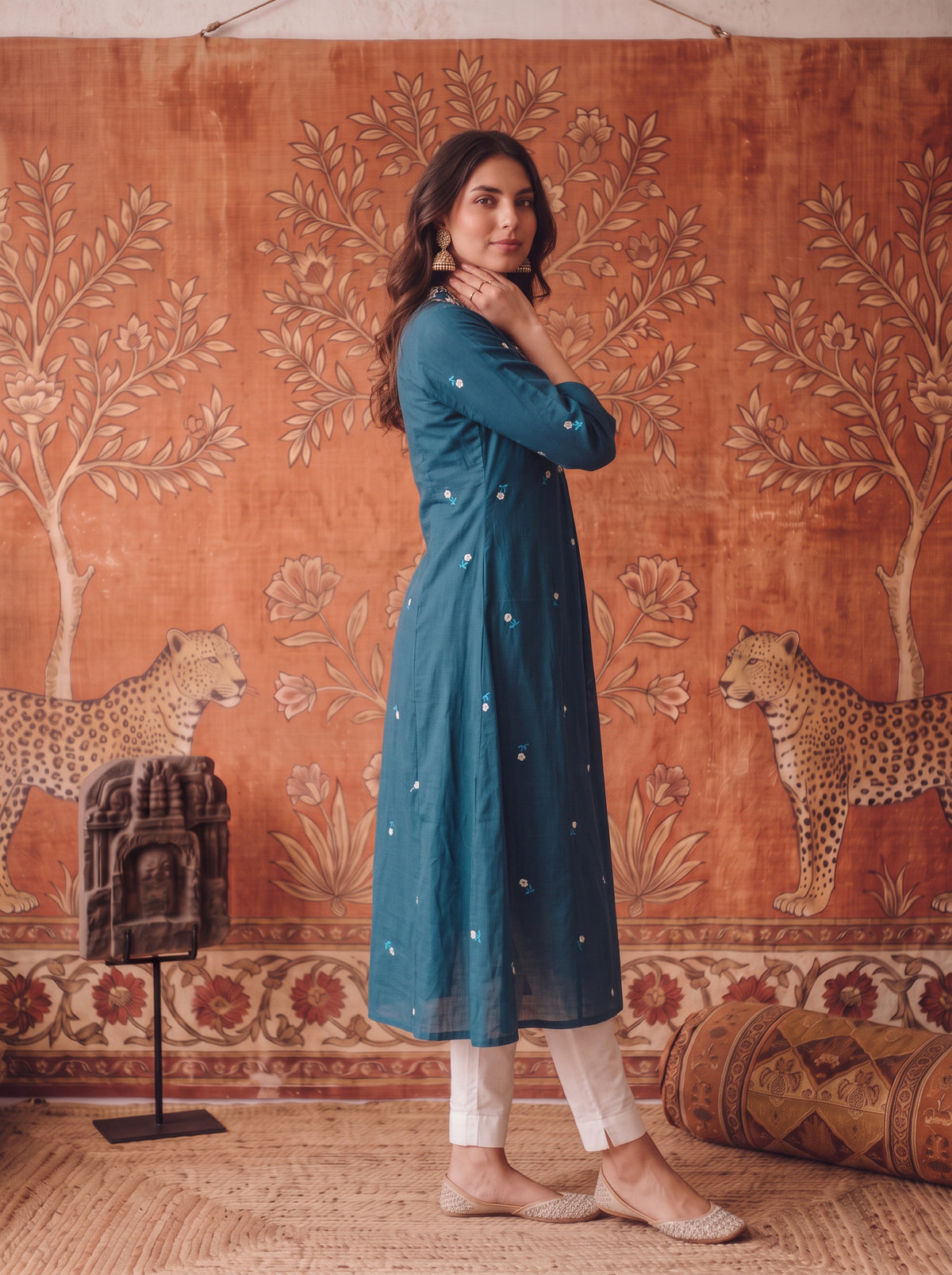 Cotton Embroidered Flared Calf Length Kurta