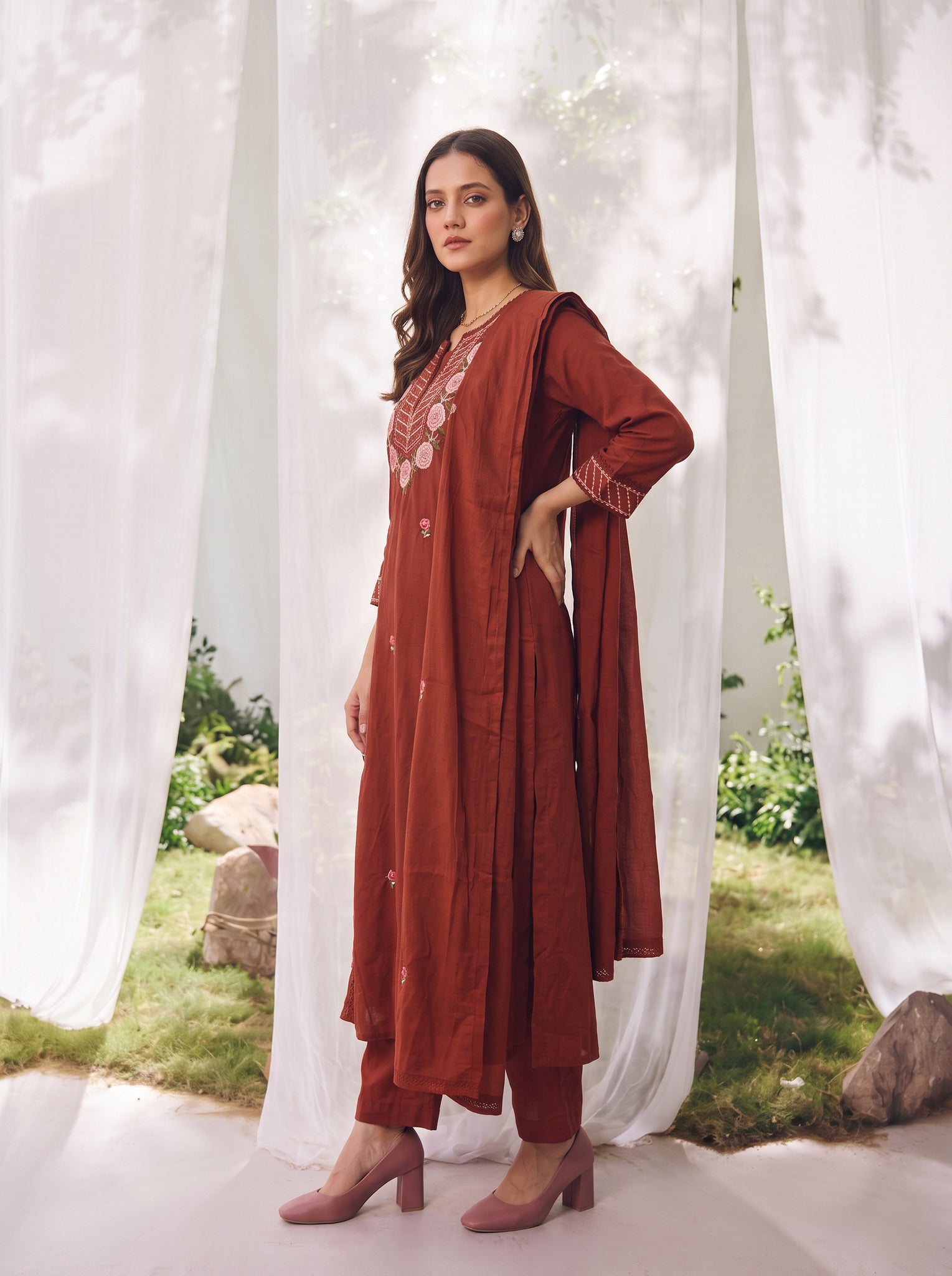 Cotton Embroidered A-Line Calf Length Kurta With Pant