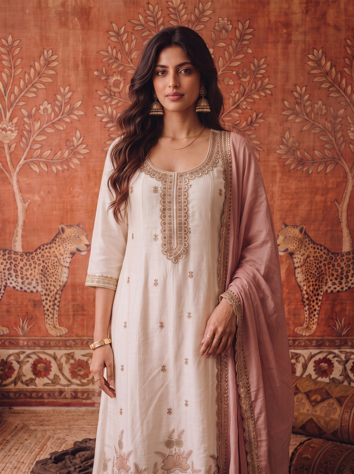 Viscose Embroidered Flared Calf Length Kurta With Pant and Dupatta