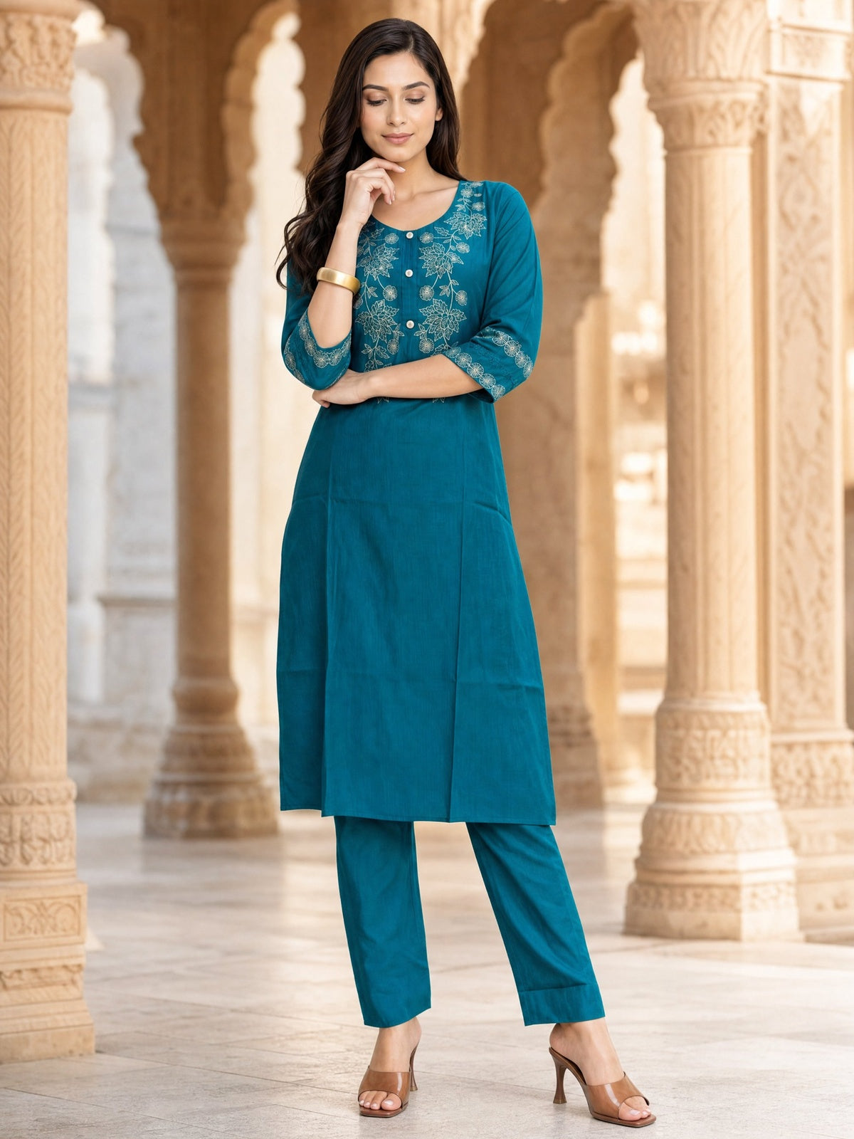 Viscose Embroidered Straight Calf Length Kurta With Pant