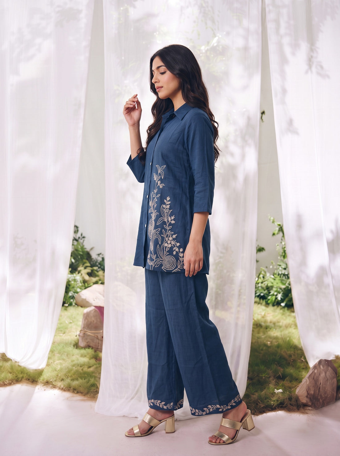 Buy Cotton Embroidered Straight Co-Ord Set-Blue