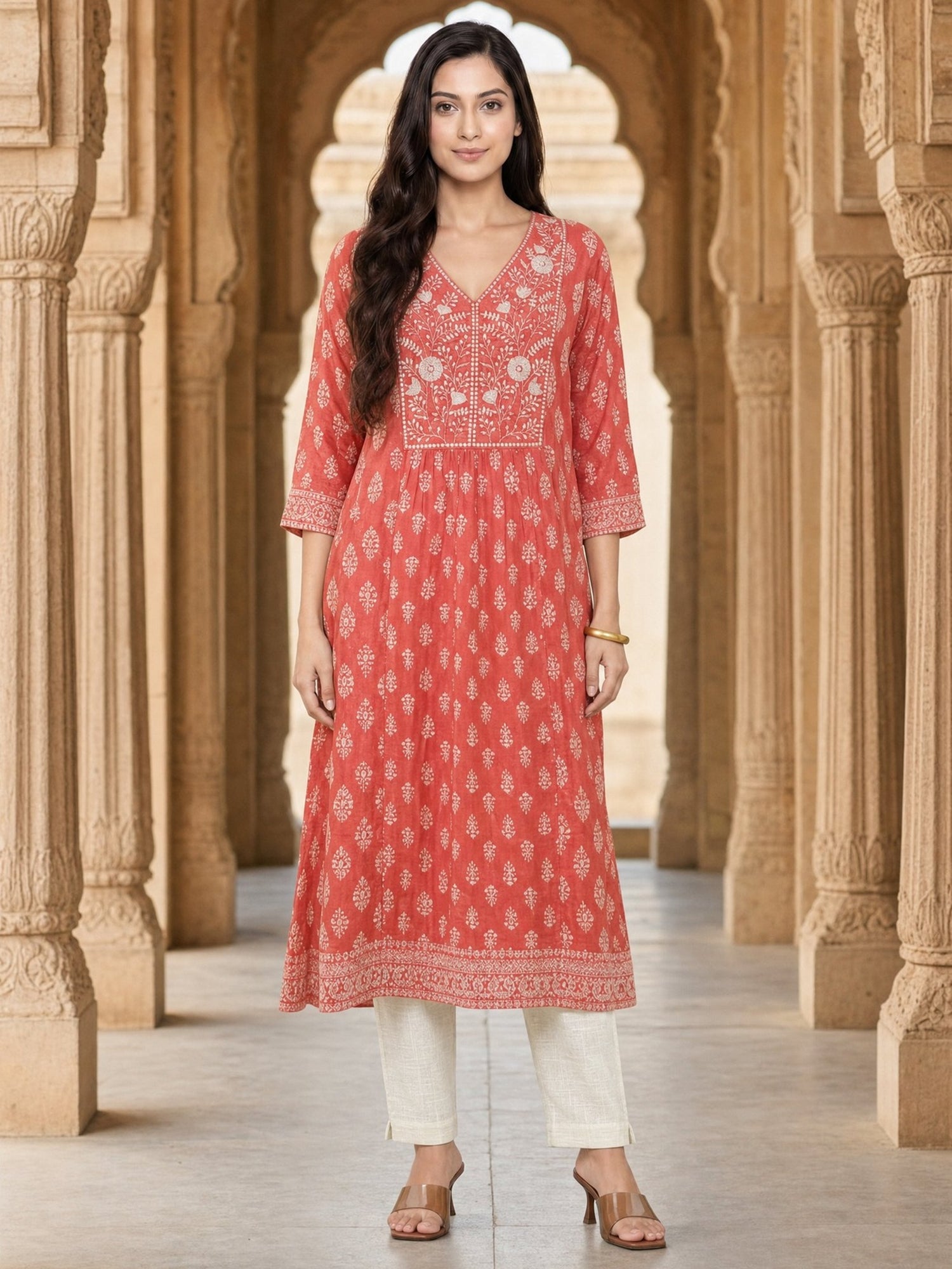 Rayon Embroidered Flared Calf Length Kurta
