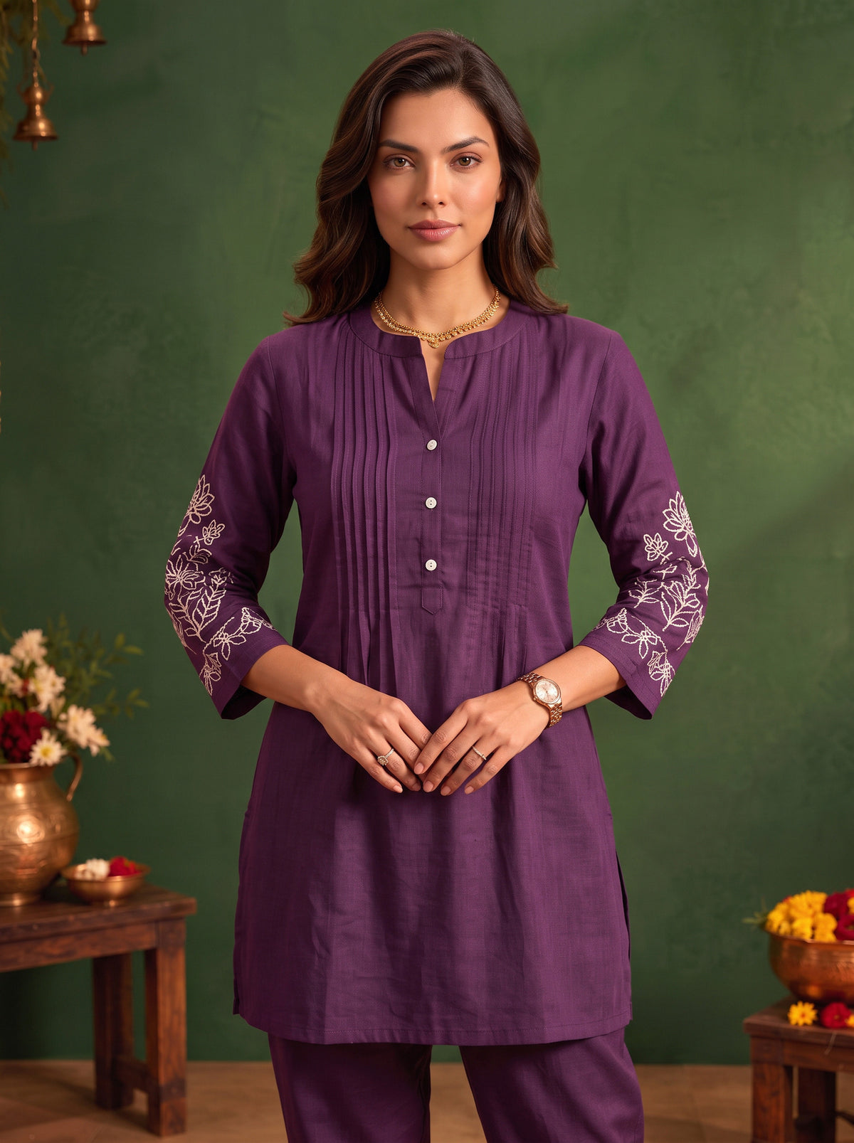 Viscose Embroidered Straight Thigh Length Kurta With Pant