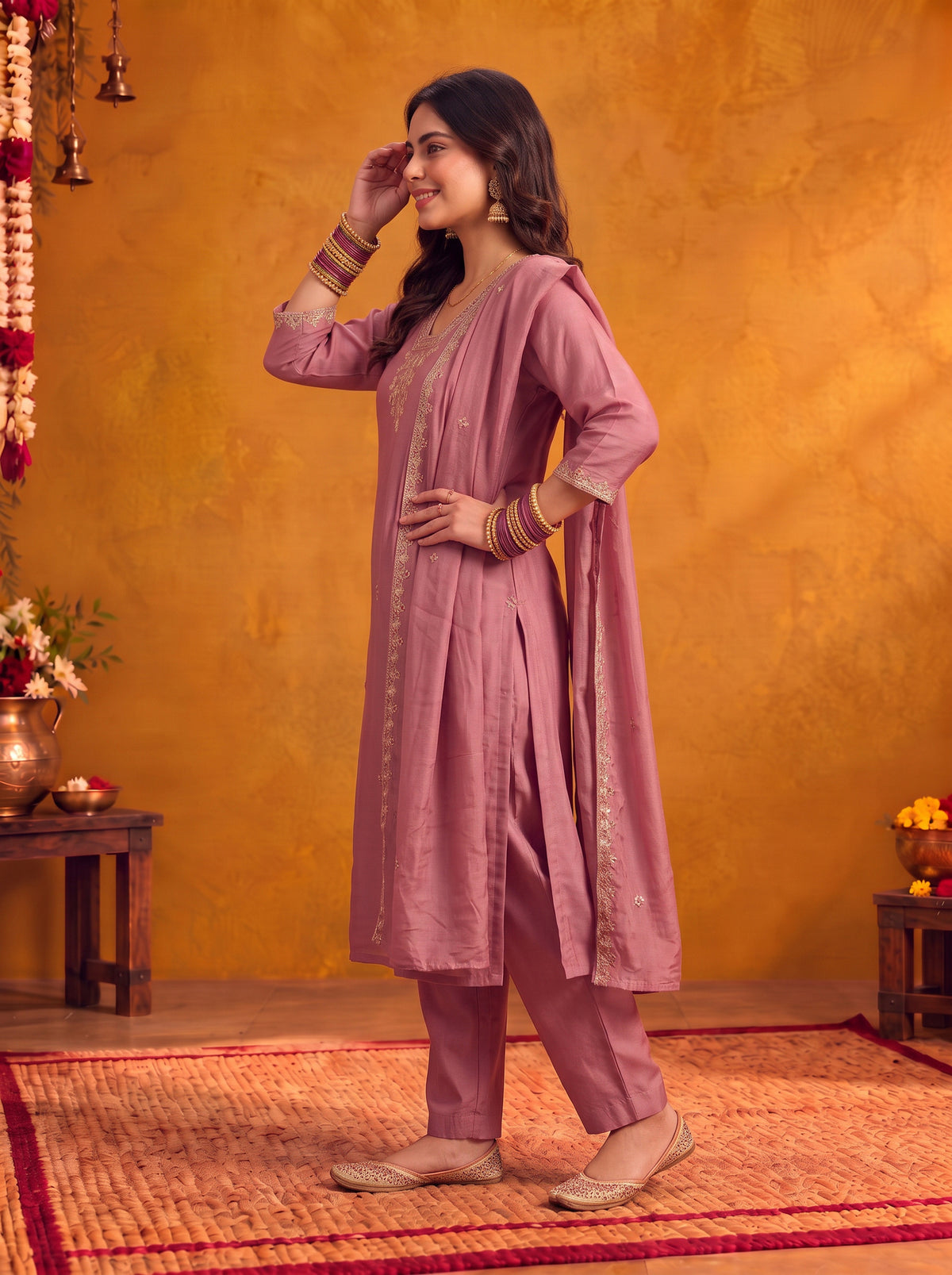 Chanderi Embroidered Straight Calf Length Kurta With Pant and Dupatta