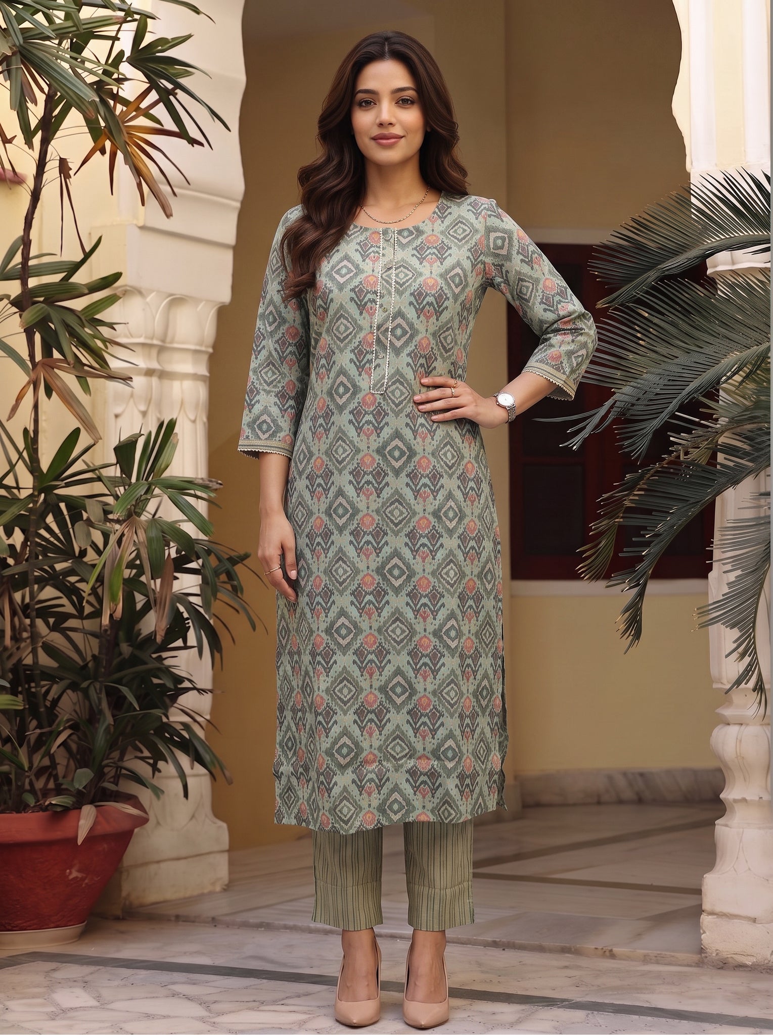 Viscose Printed A-Line Calf Length Kurta With Pant