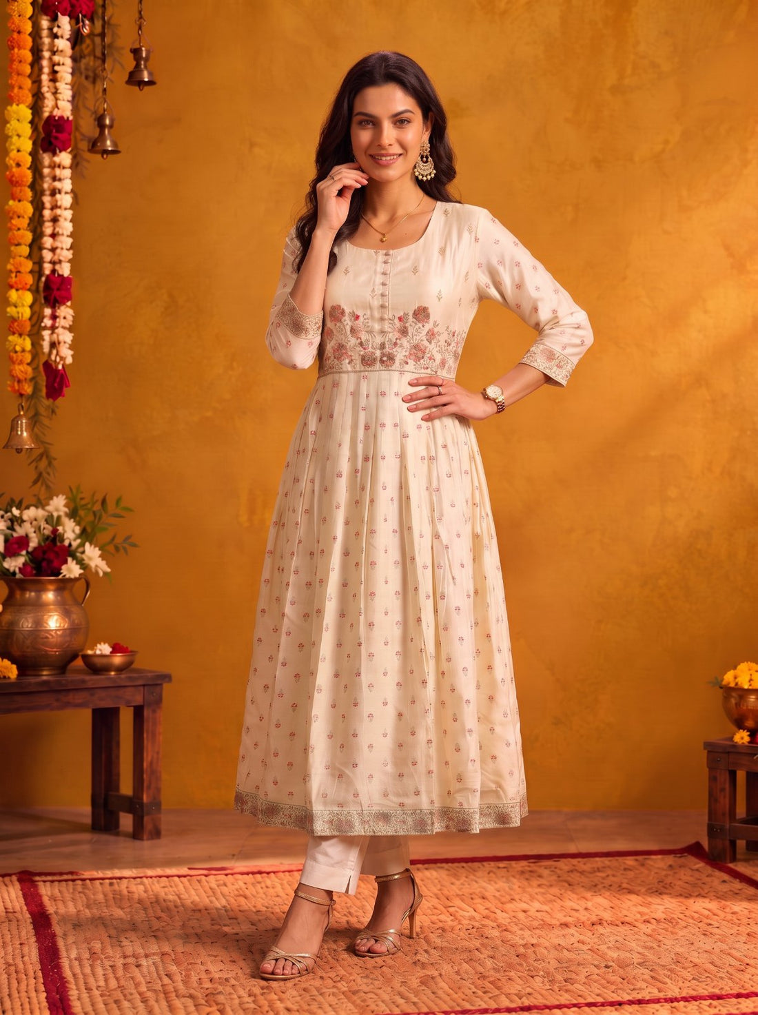 Buy Viscose Embroidered Flared Calf Length Kurta-White