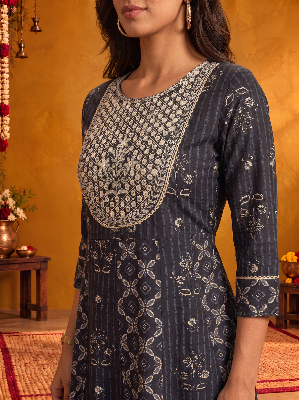 Cotton Embroidered Flared Calf Length Kurta With Pant and Dupatta