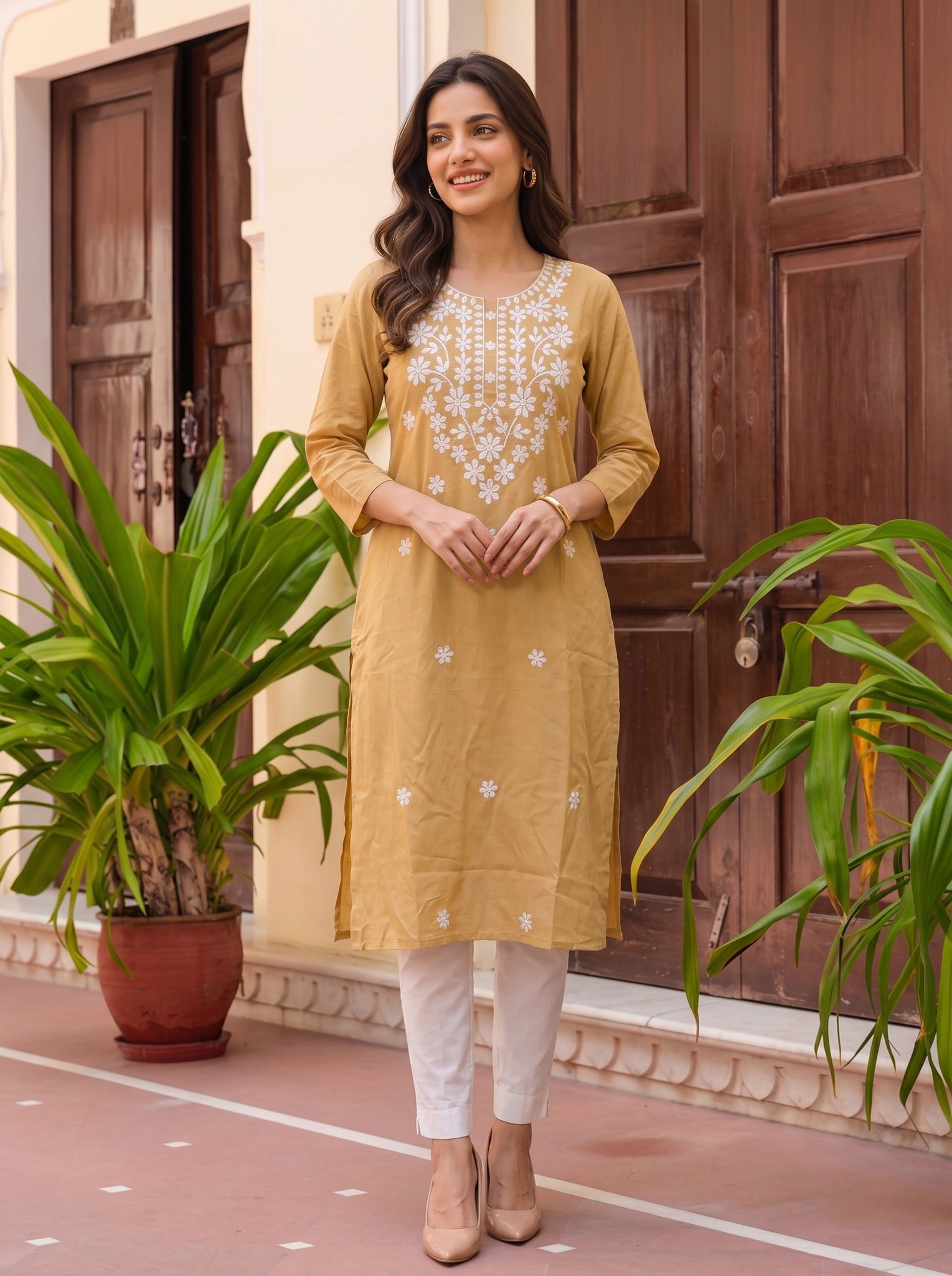 Rayon Embroidered Straight Knee Length Kurta
