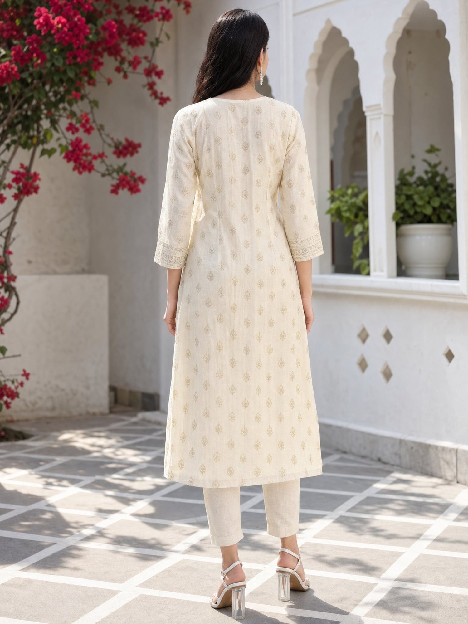 Chanderi Embroidered Flared Calf Length Kurta