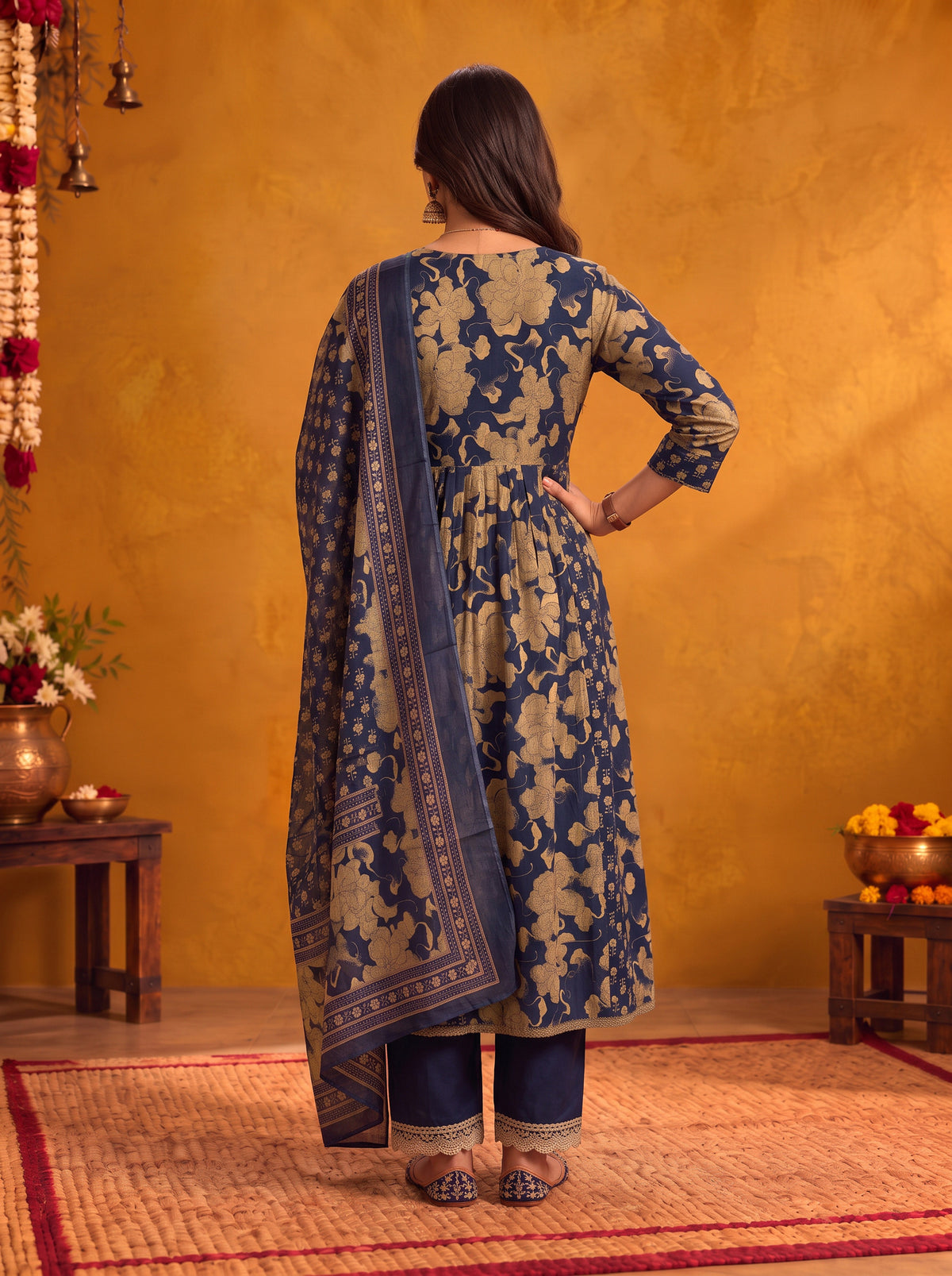 Cotton Embroidered Flared Calf Length Kurta With Pant and Dupatta