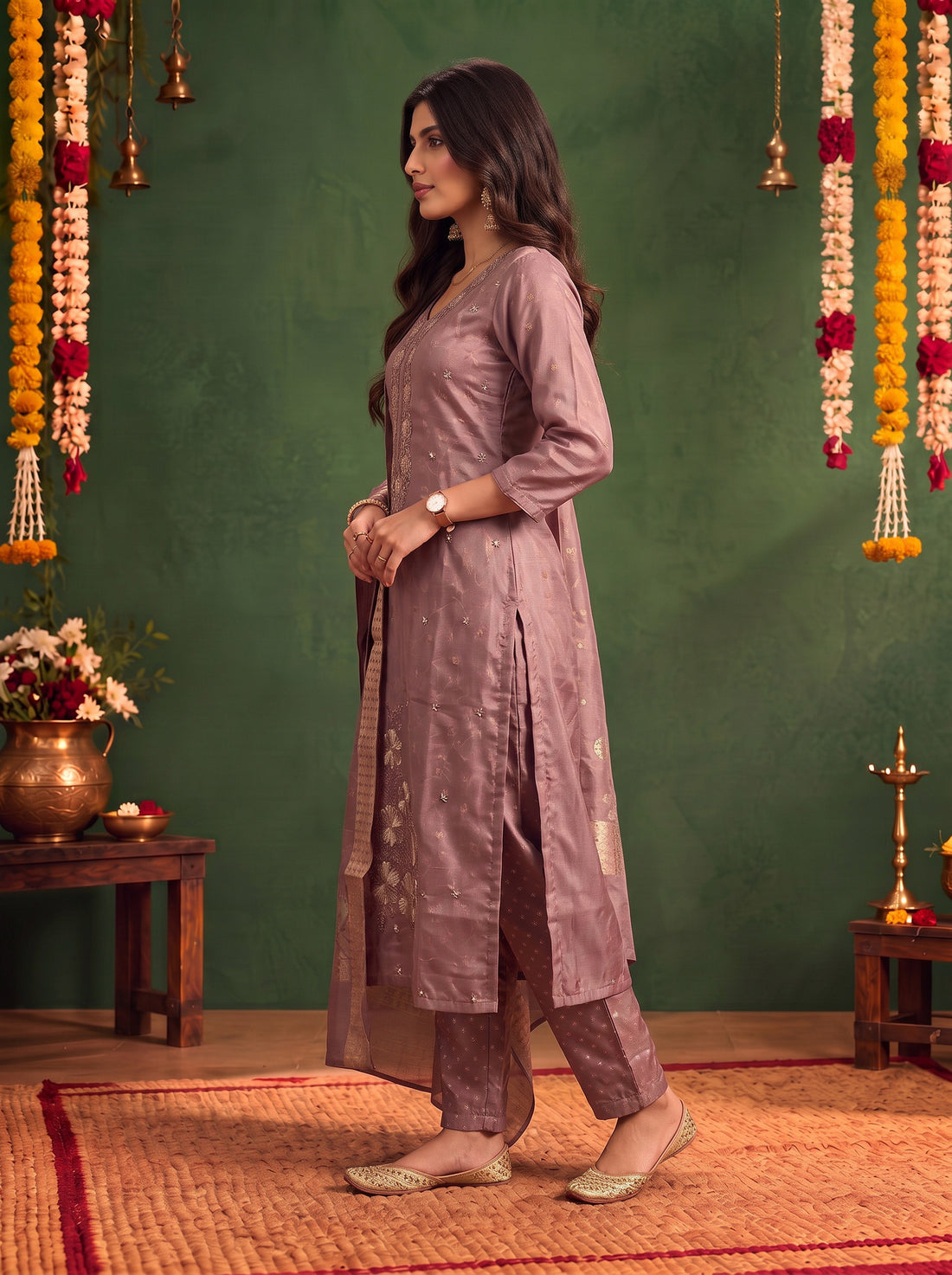 Buy Viscose Embroidered Straight Calf Length Kurta With Pant and Dupatta-Lavender