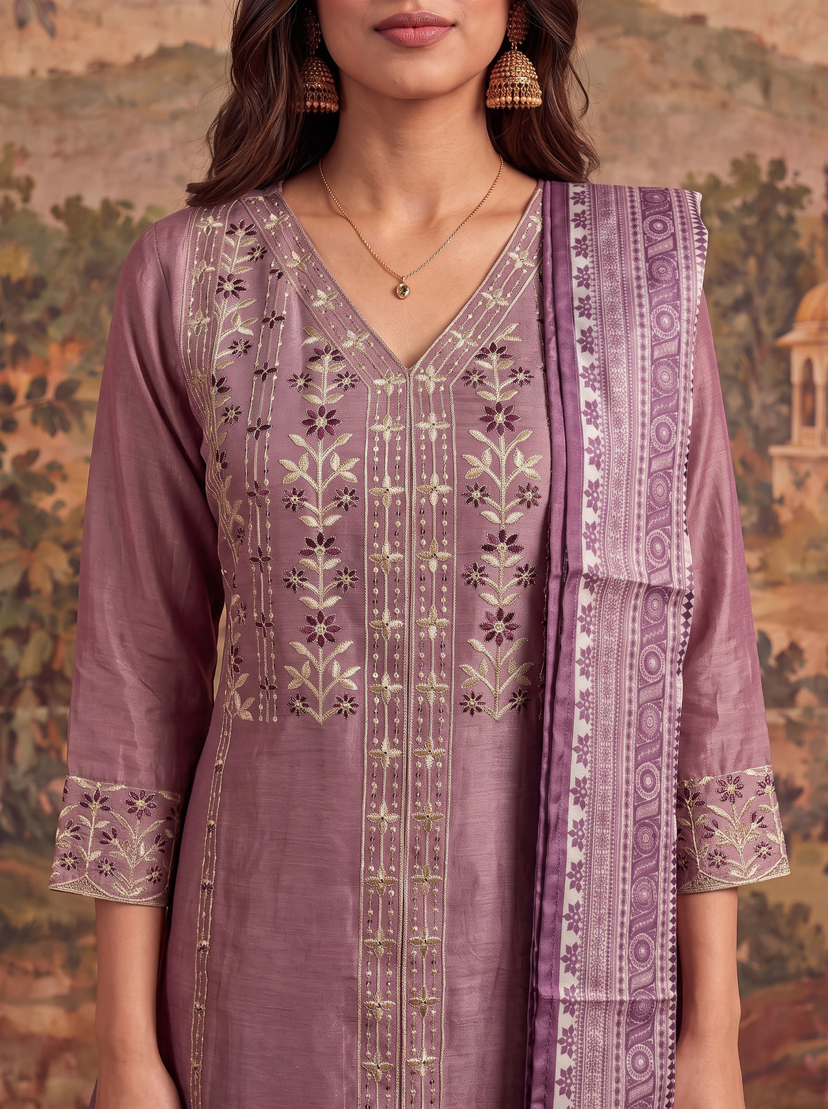 Viscose Embroidered Flared Calf Length Kurta With Pant and Dupatta