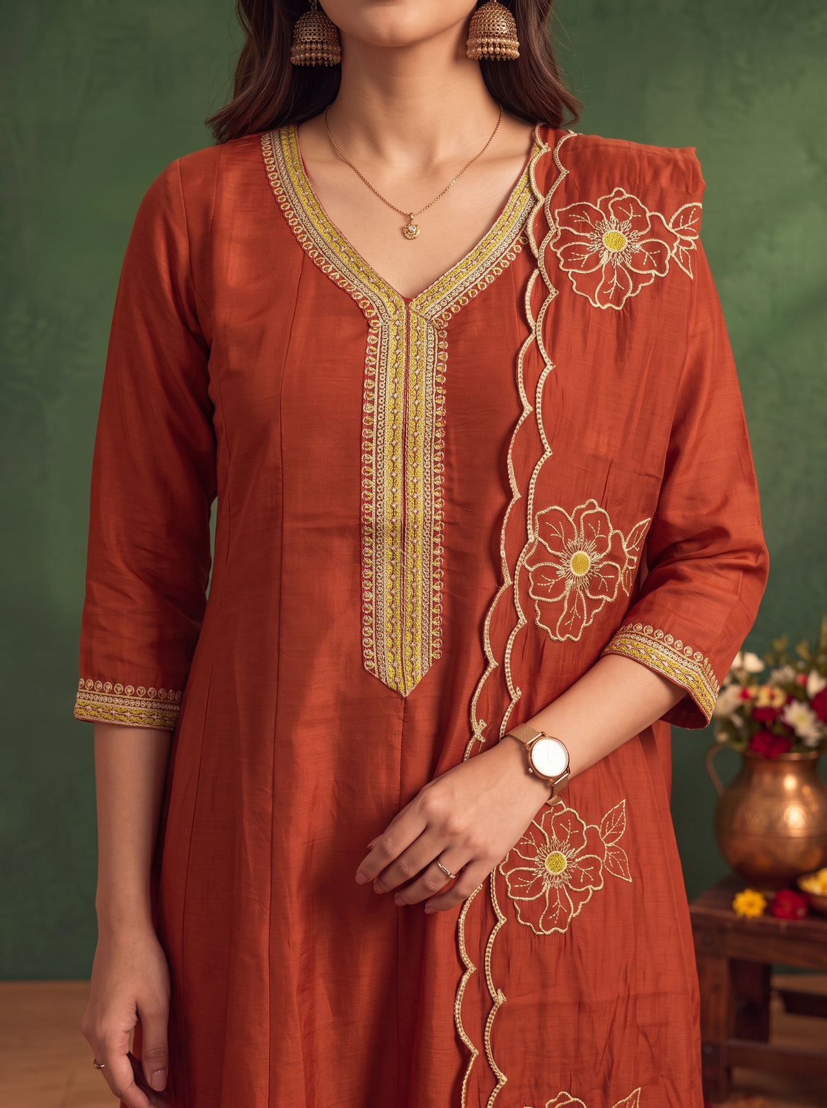 Viscose Embroidered Flared Calf Length Kurta With Pant and Dupatta