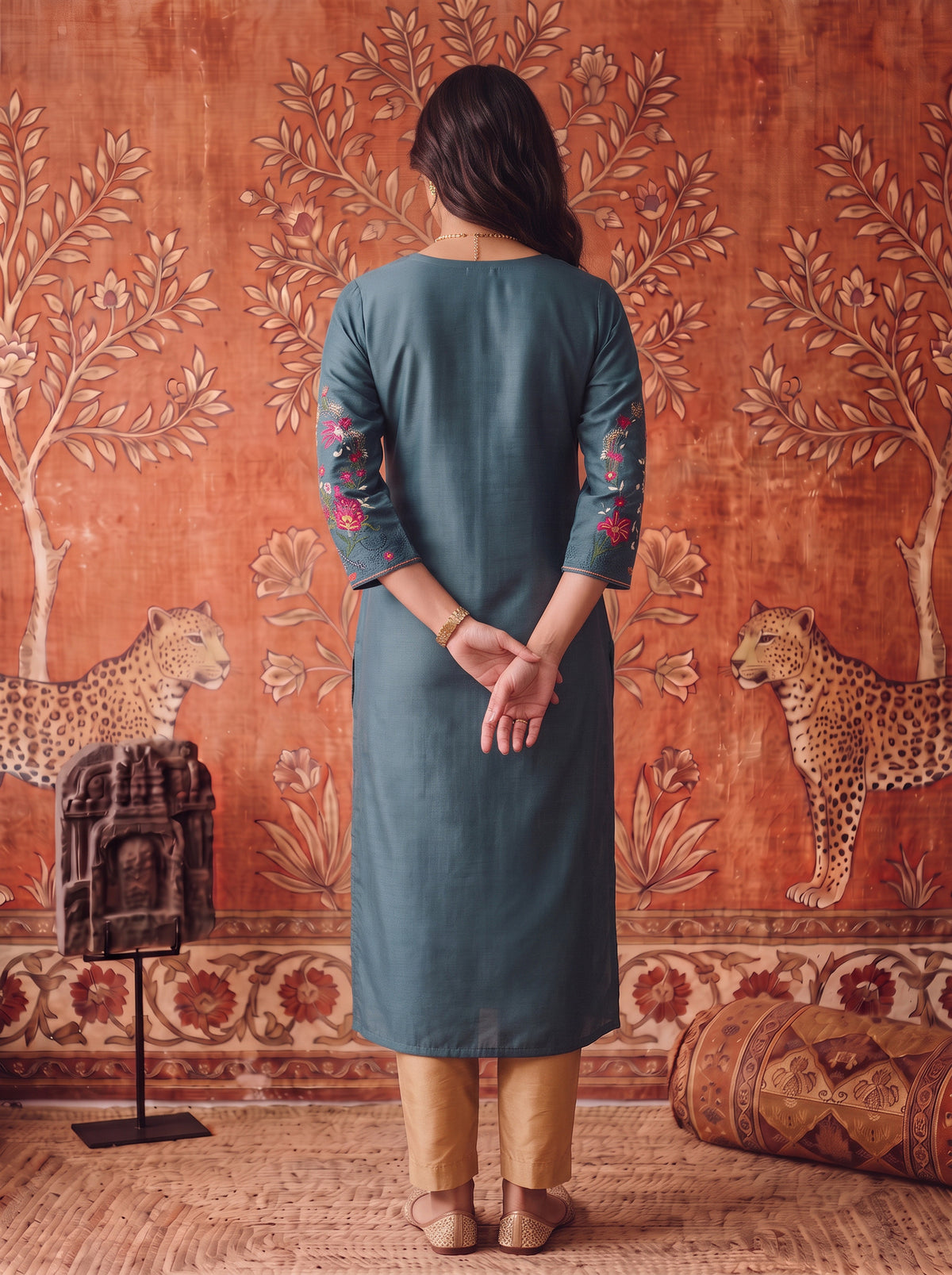 Viscose Embroidered Straight Calf Length Kurta